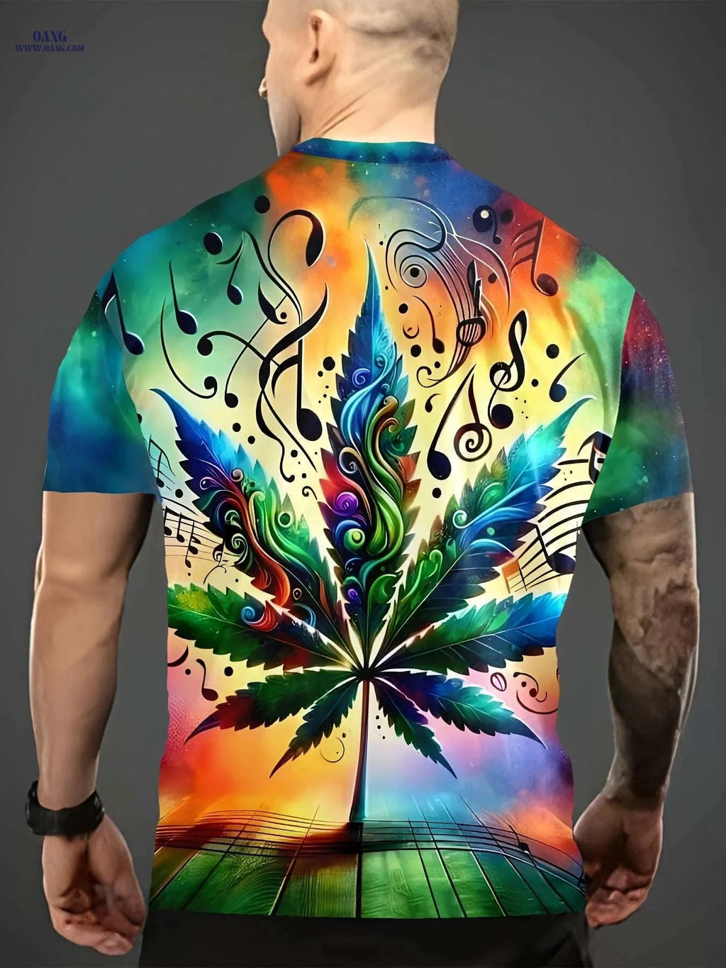 Men's Graphic T-Shirt - Leaf & Music Notes Print, Lightweight Casual Wear   OAXG 