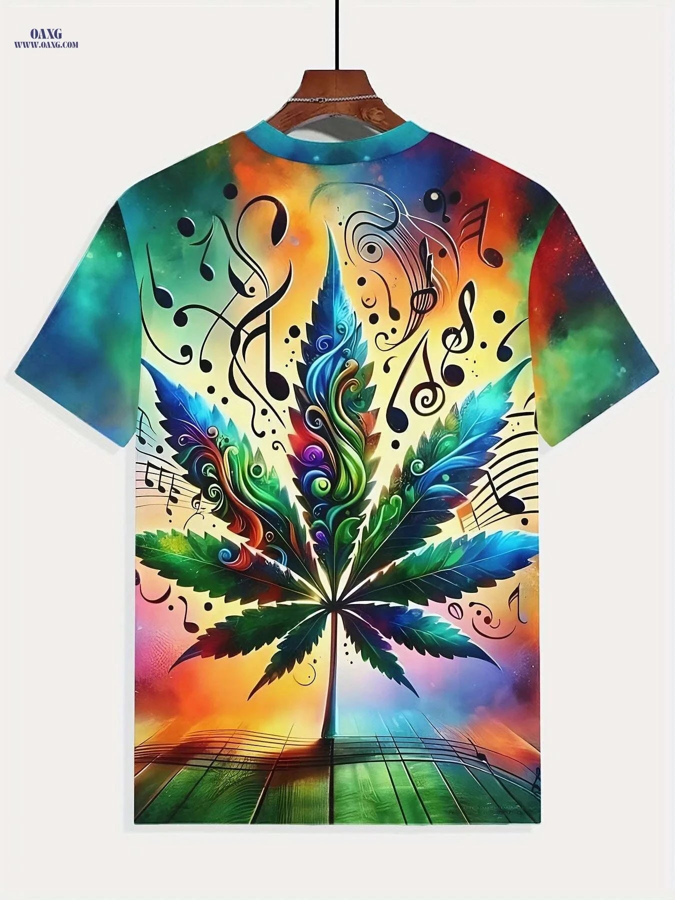 Men's Graphic T-Shirt - Leaf & Music Notes Print, Lightweight Casual Wear   OAXG Green / S