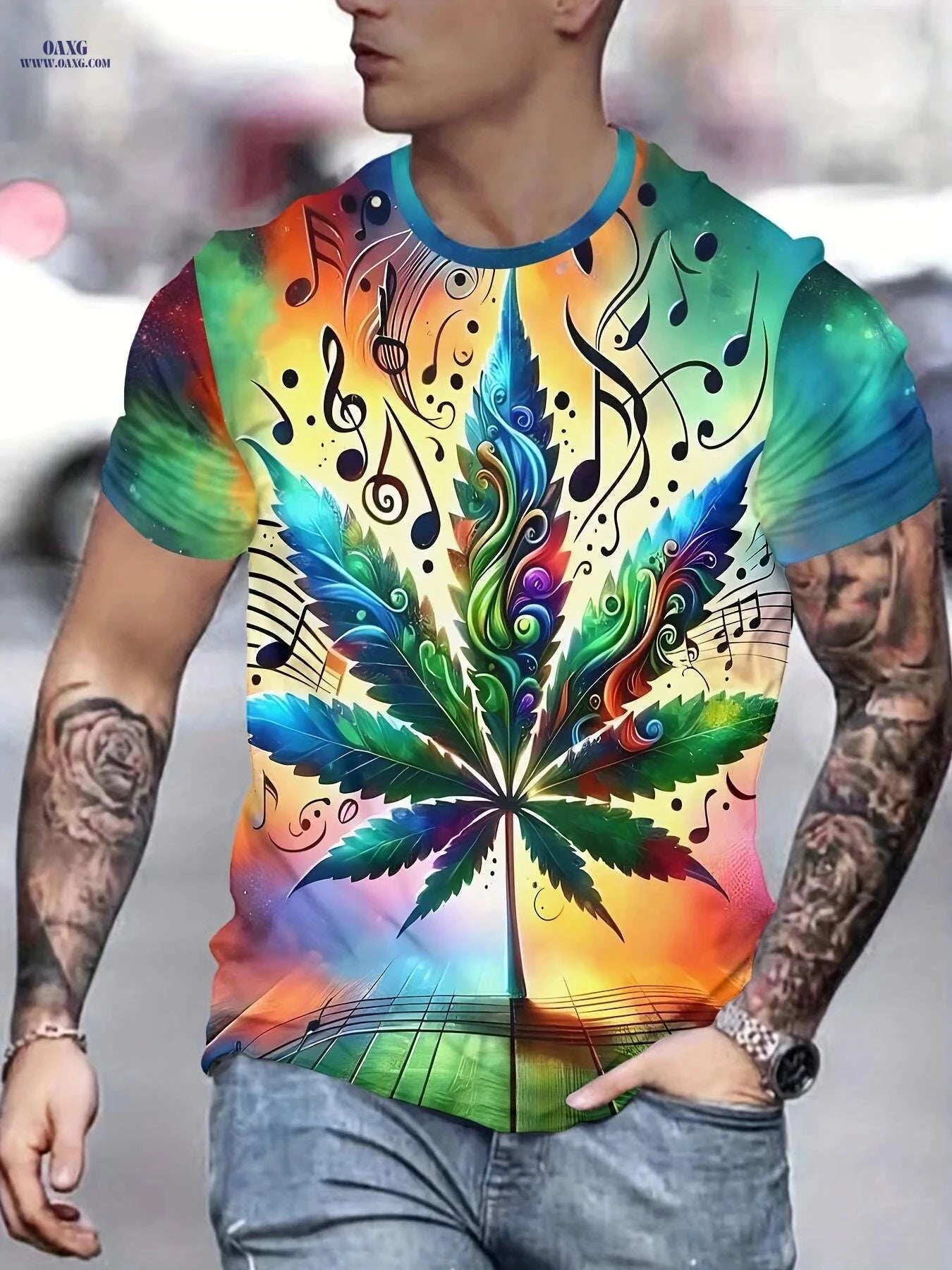 Men's Graphic T-Shirt - Leaf & Music Notes Print, Lightweight Casual Wear   OAXG Green / S