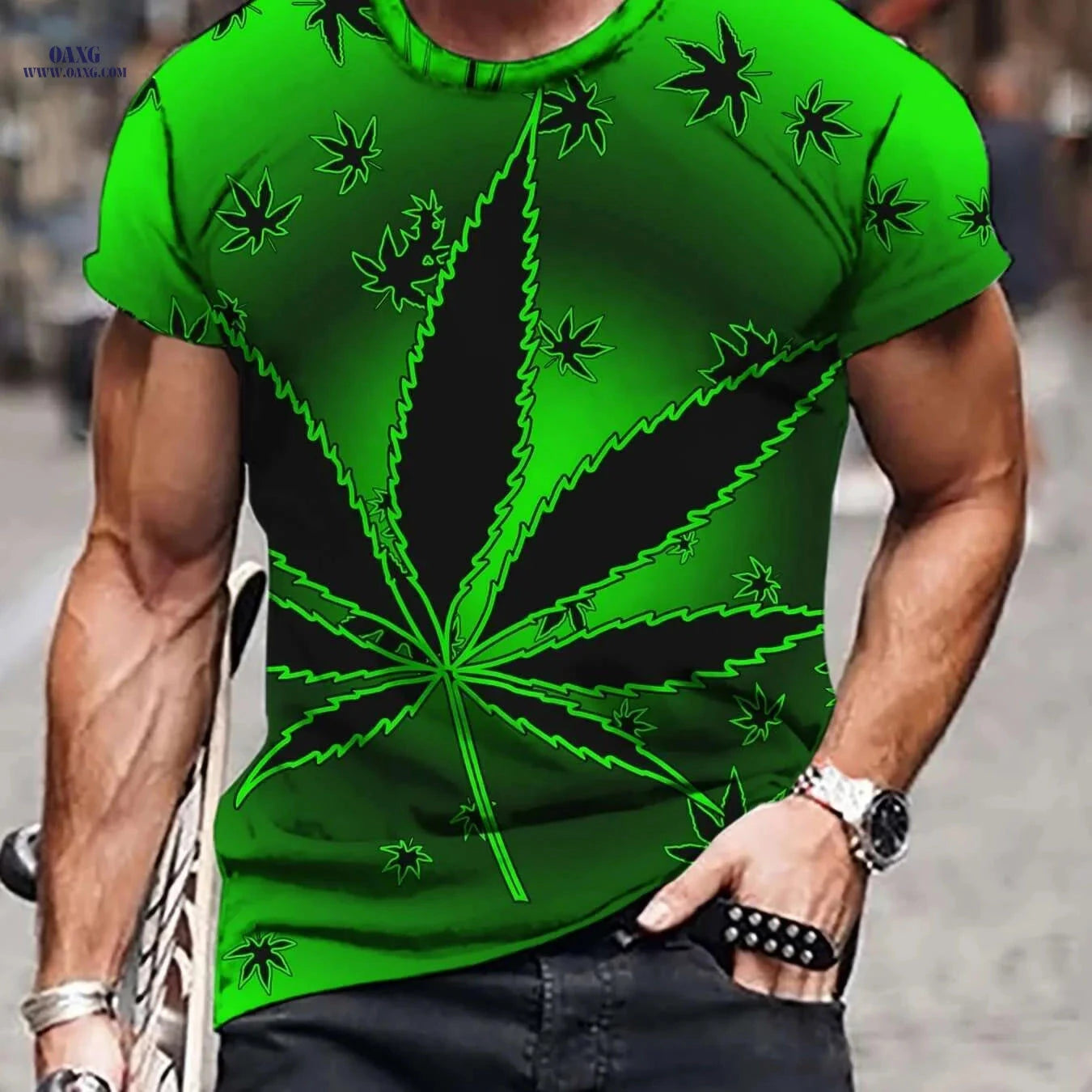 Men's Graphic T-Shirt - Leaf & Music Notes Print, Lightweight Casual Wear   OAXG Green / S