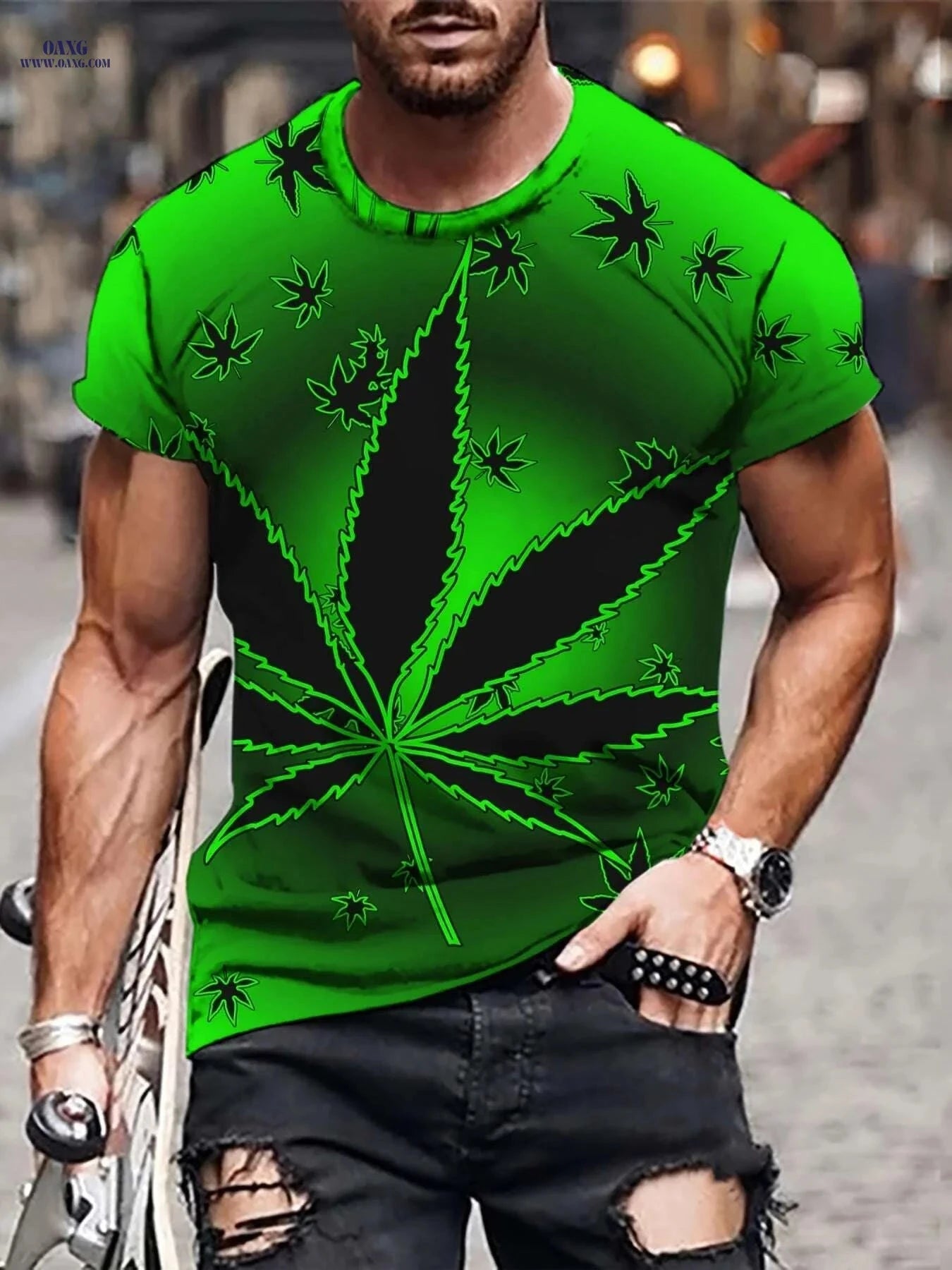 Men's Graphic T-Shirt - Leaf & Music Notes Print, Lightweight Casual Wear   OAXG Green / S