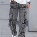 Men's Gray-Black Cargo Denim Pants - Multi-Pocket, Wide-Leg Style   OAXG 