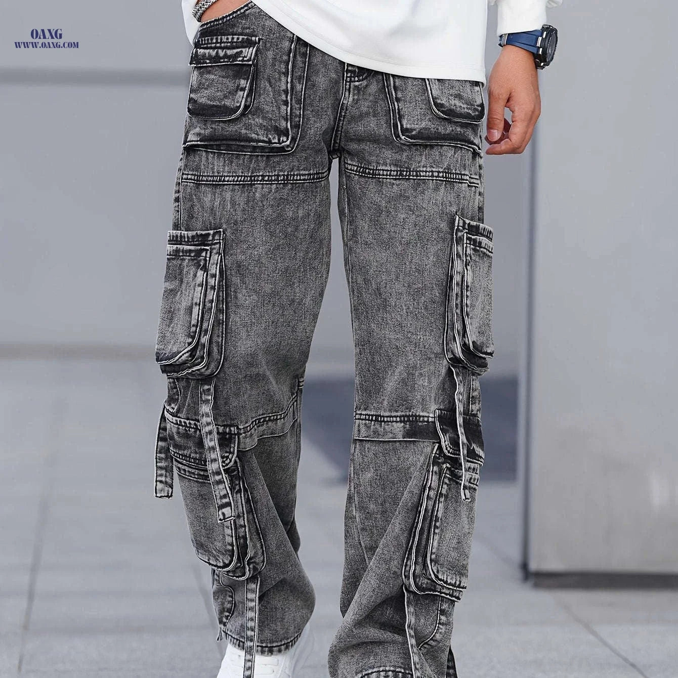 Men's Gray-Black Cargo Denim Pants - Multi-Pocket, Wide-Leg Style   OAXG 