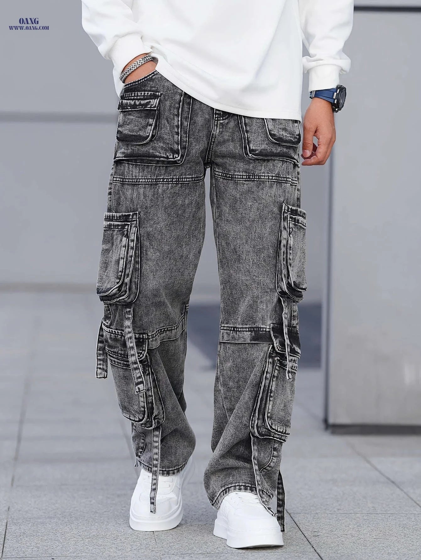 Men's Gray-Black Cargo Denim Pants - Multi-Pocket, Wide-Leg Style   OAXG 