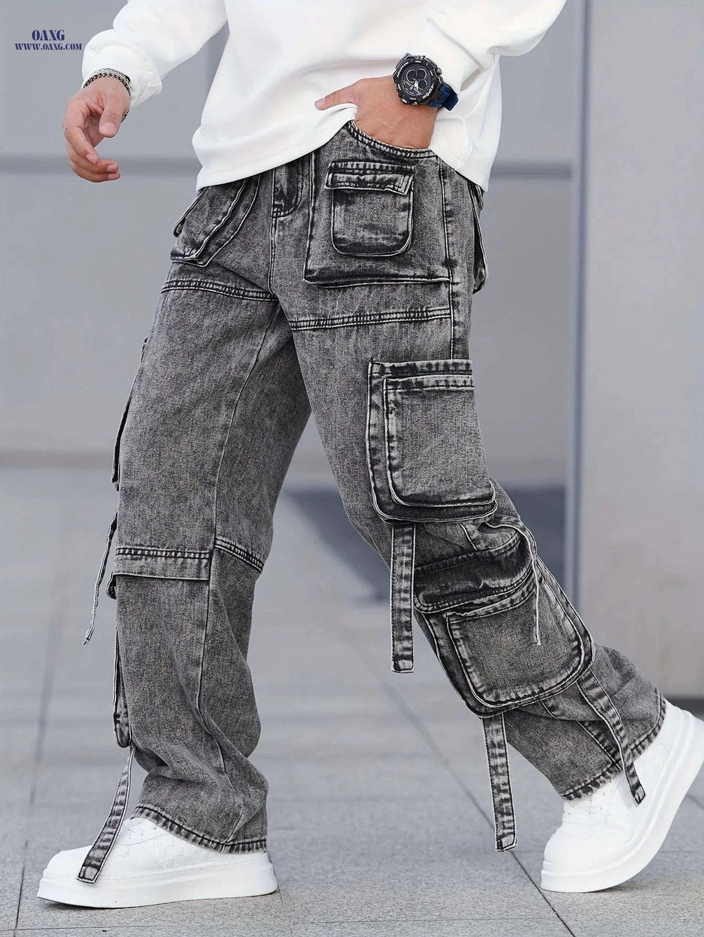 Men's Gray-Black Cargo Denim Pants - Multi-Pocket, Wide-Leg Style   OAXG 