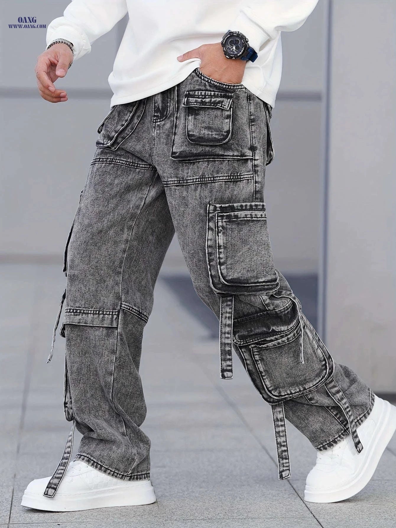 Men's Gray-Black Cargo Denim Pants - Multi-Pocket, Wide-Leg Style   OAXG 
