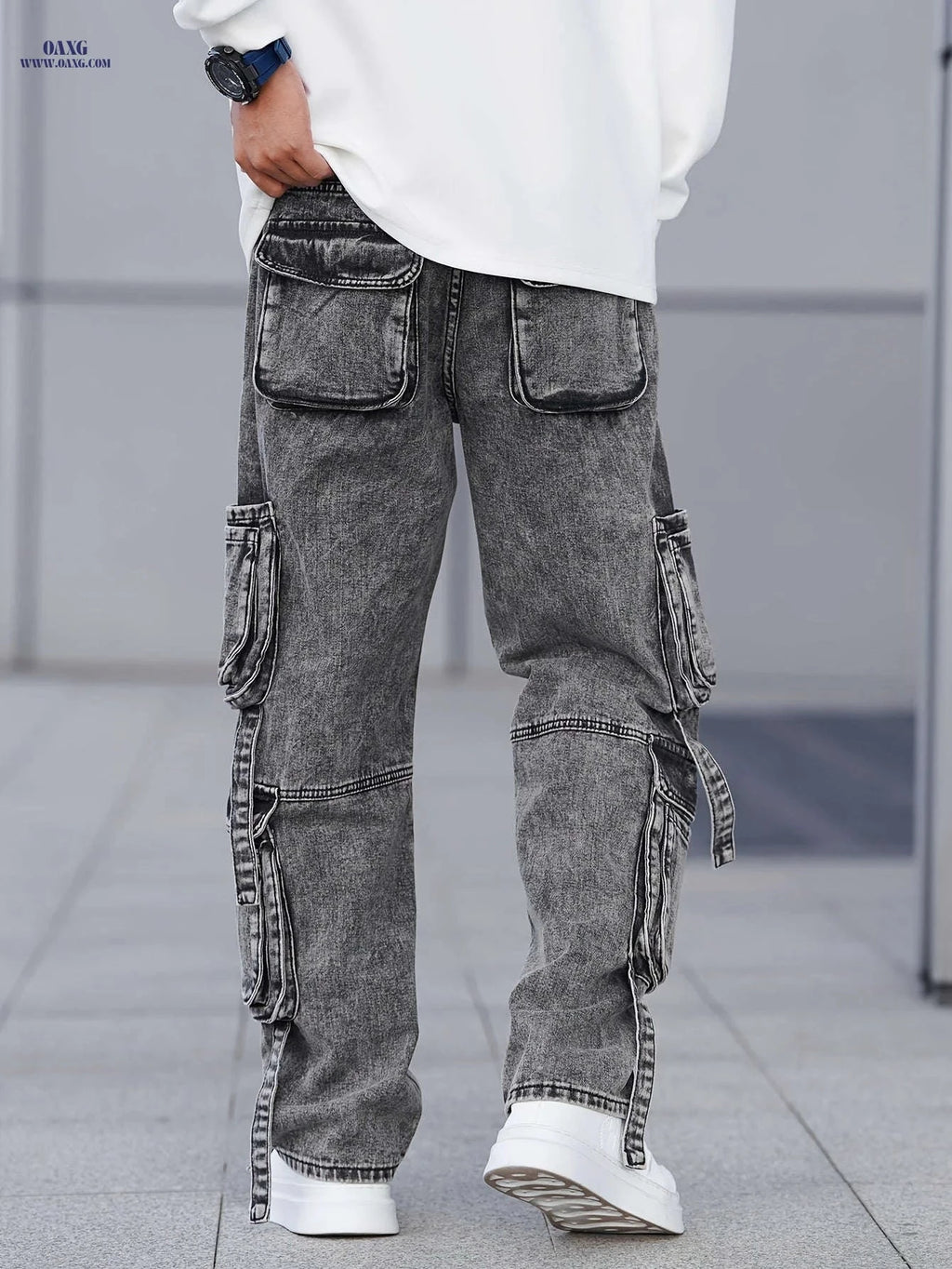 Men's Gray-Black Cargo Denim Pants - Multi-Pocket, Wide-Leg Style   OAXG Grey / FR S
