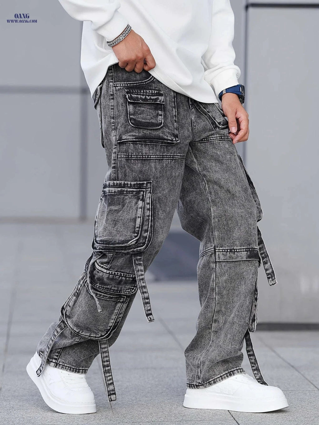 Men's Gray-Black Cargo Denim Pants - Multi-Pocket, Wide-Leg Style   OAXG Grey / FR S