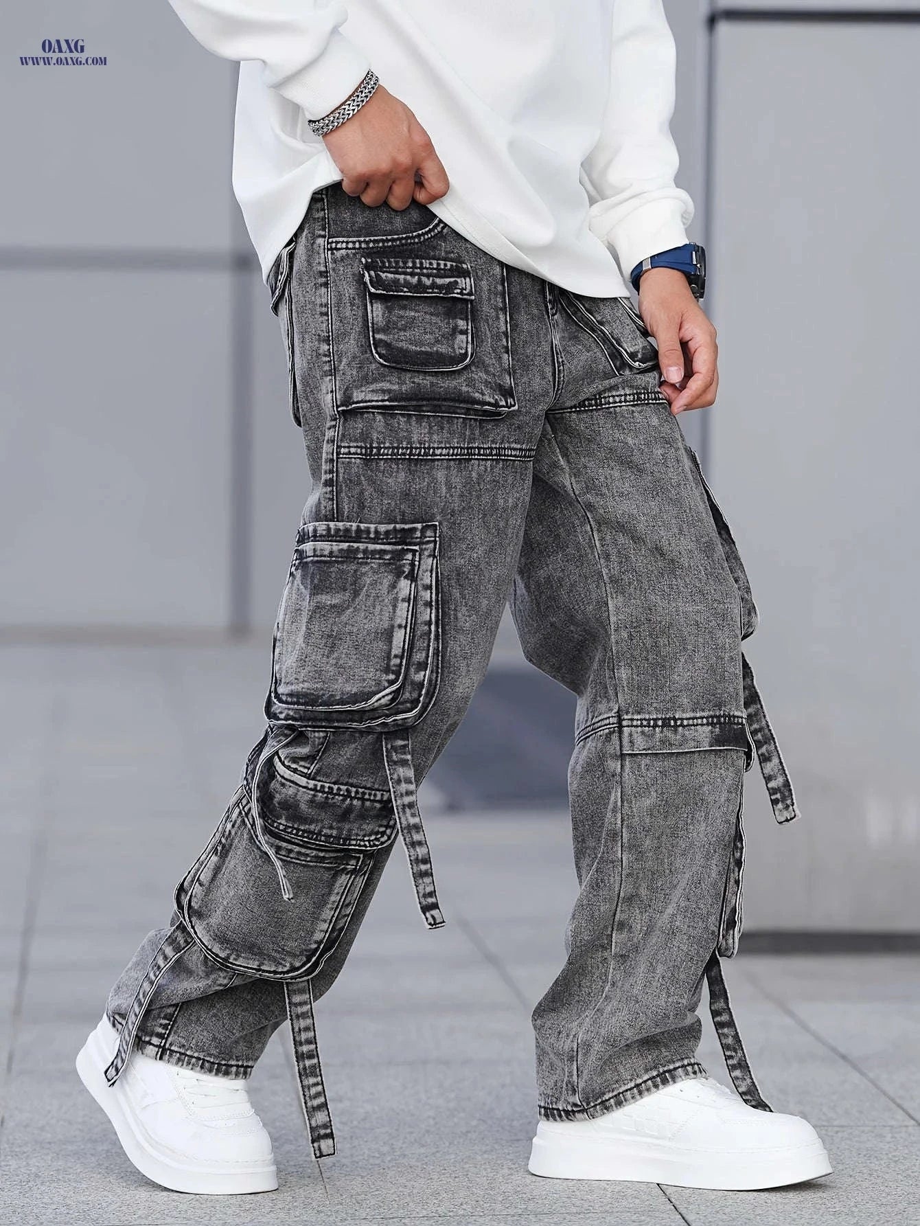 Men's Gray-Black Cargo Denim Pants - Multi-Pocket, Wide-Leg Style   OAXG Grey / FR S
