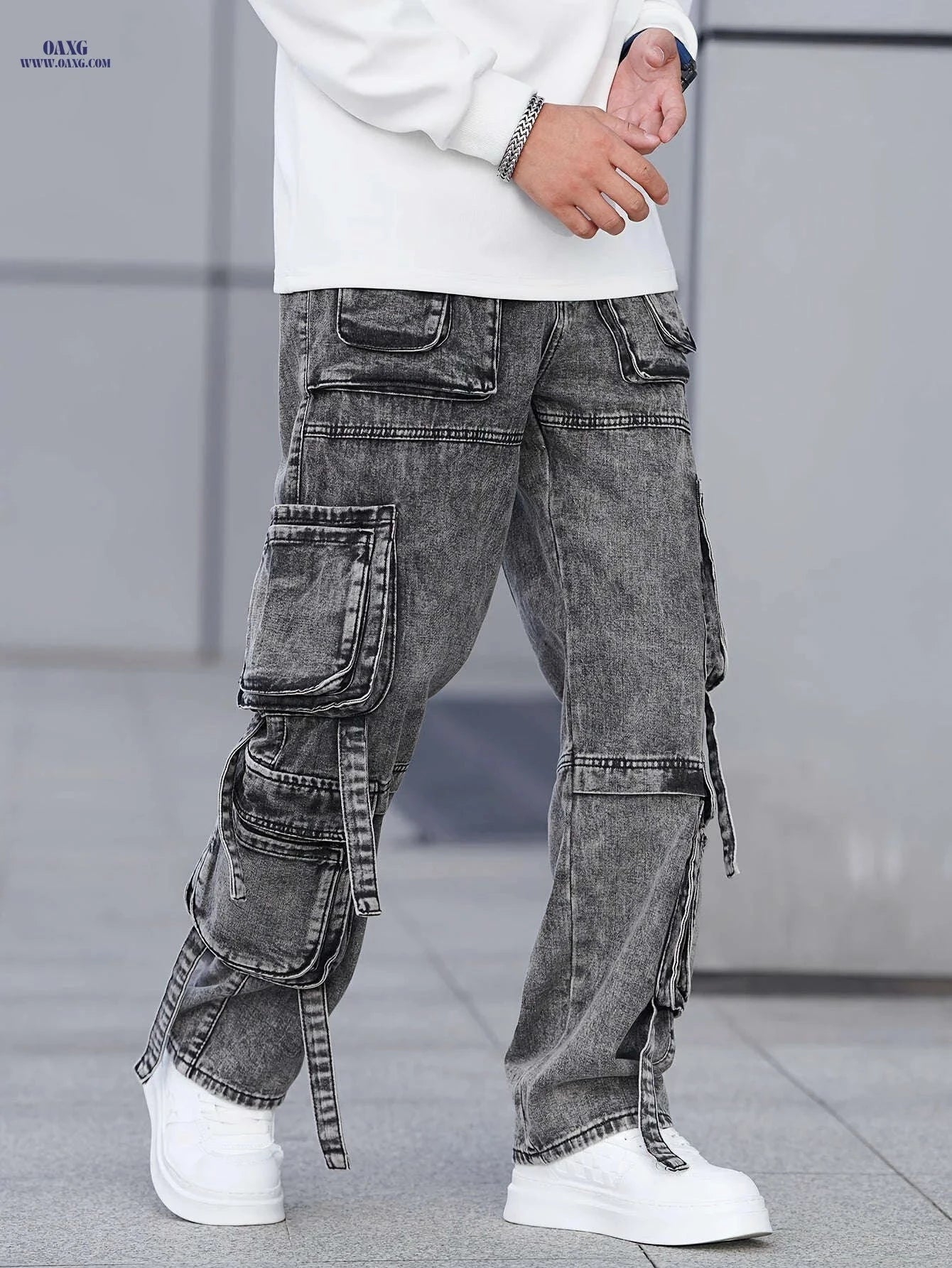 Men's Gray-Black Cargo Denim Pants - Multi-Pocket, Wide-Leg Style   OAXG Grey / FR S