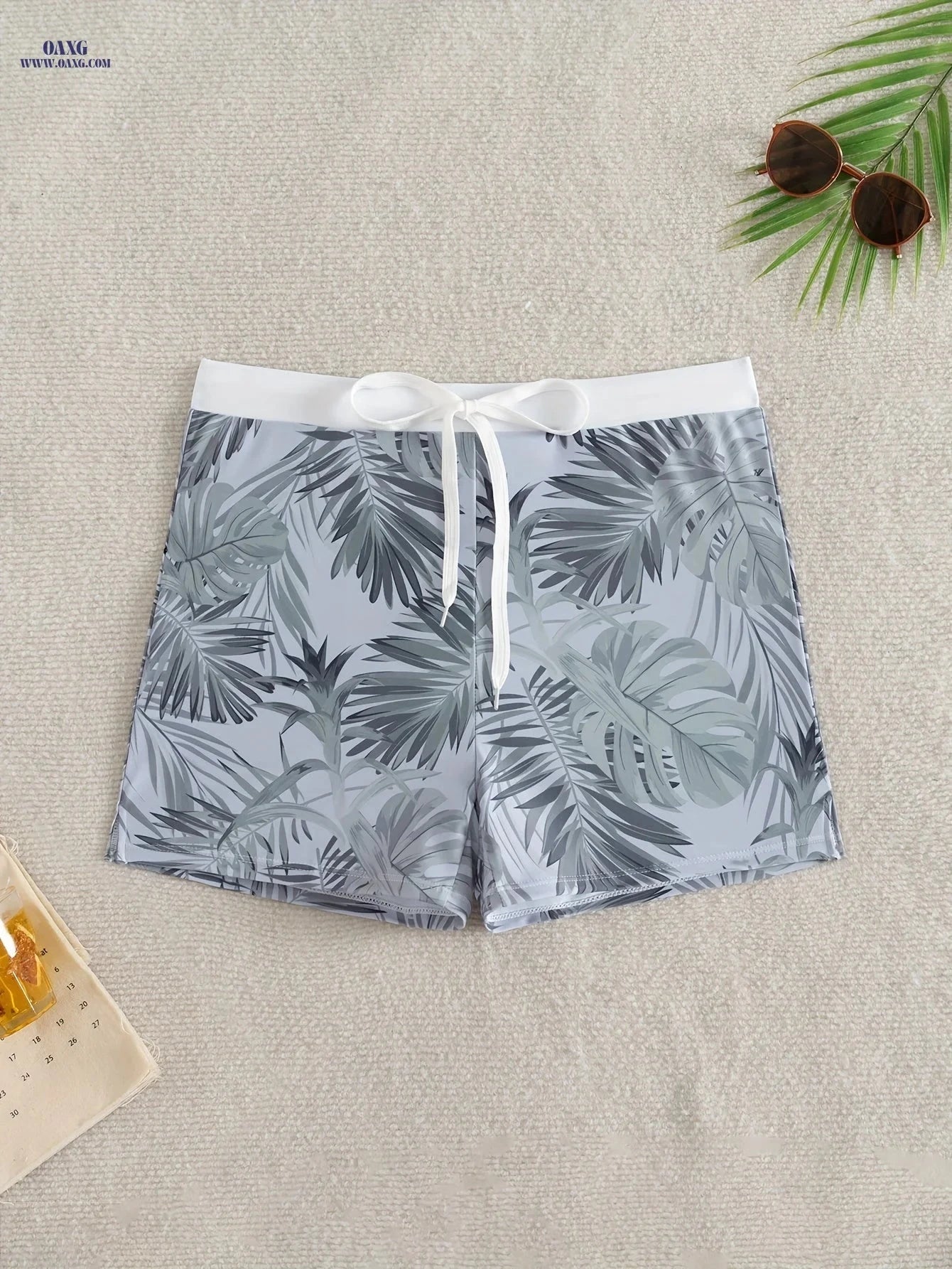 Men's Gray Geometric Swim Shorts - Loose Fit, Vacation Style   OAXG Granny Gray / FR S