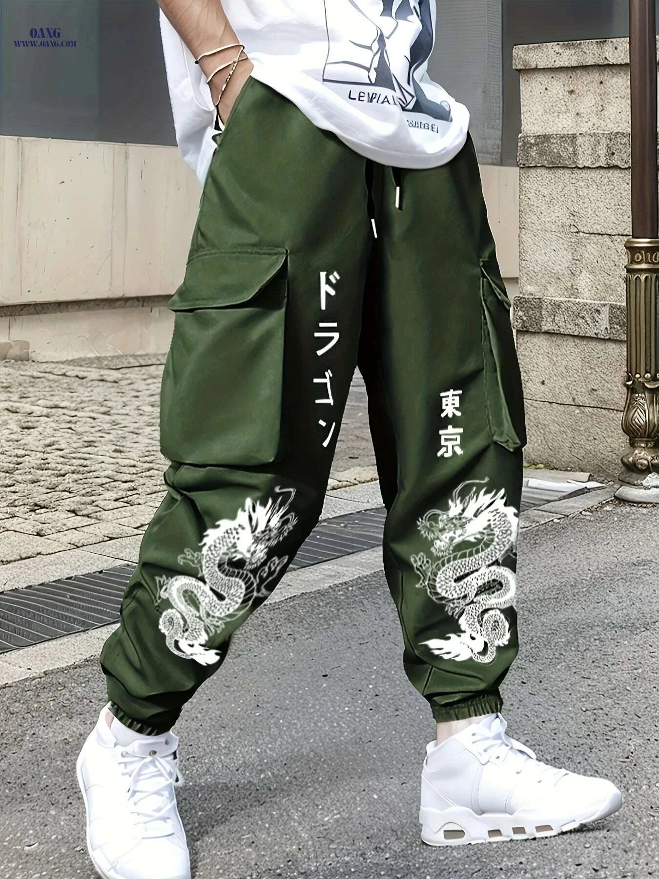 Men’s Green Cargo Pants - Durable Polyester with Dragon Print & Pockets   OAXG 