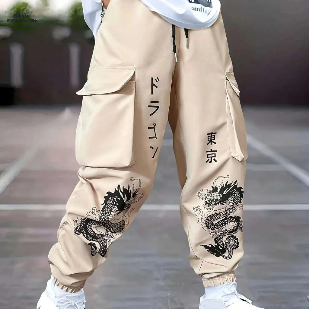 Men’s Green Cargo Pants - Durable Polyester with Dragon Print & Pockets   OAXG 