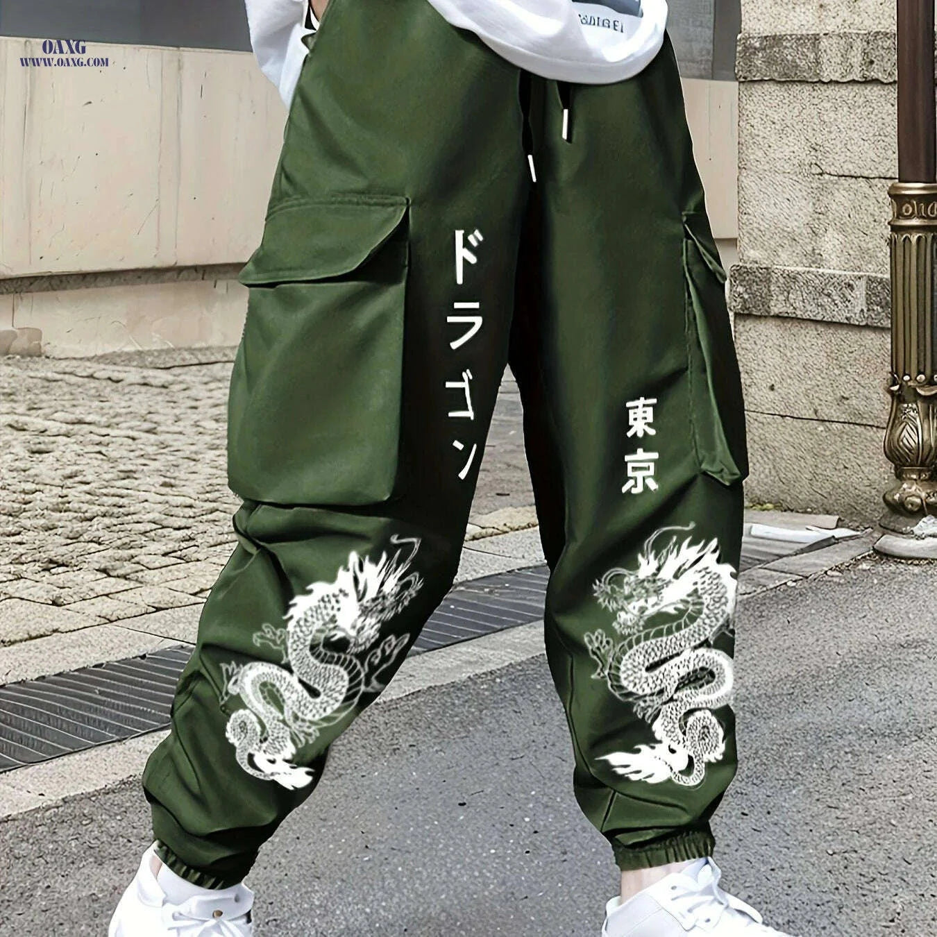 Men’s Green Cargo Pants - Durable Polyester with Dragon Print & Pockets   OAXG 