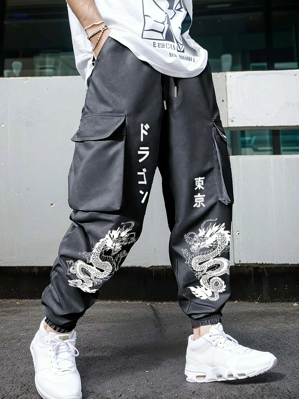 Men’s Green Cargo Pants - Durable Polyester with Dragon Print & Pockets   OAXG Khaki / S