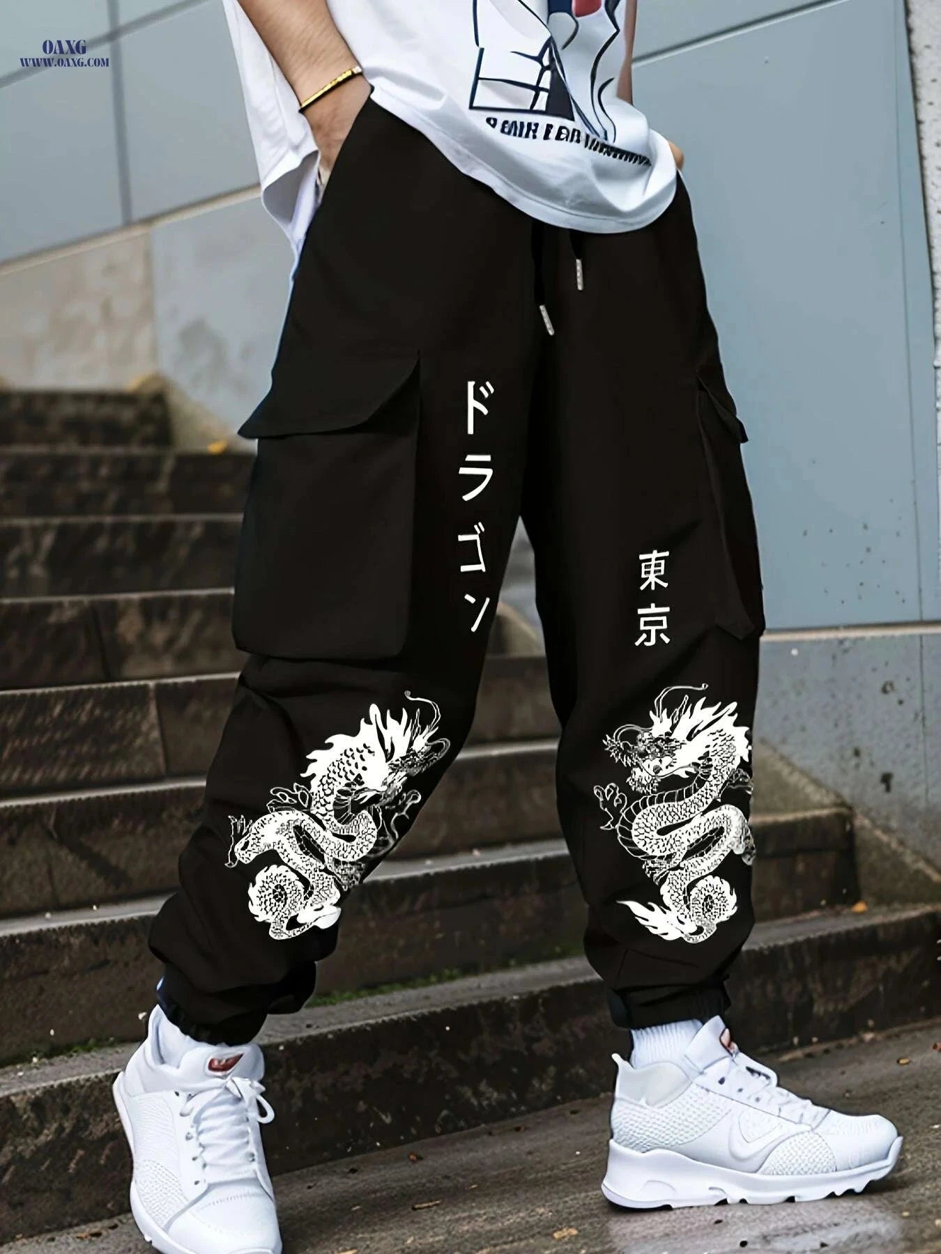 Men’s Green Cargo Pants - Durable Polyester with Dragon Print & Pockets   OAXG Khaki / S