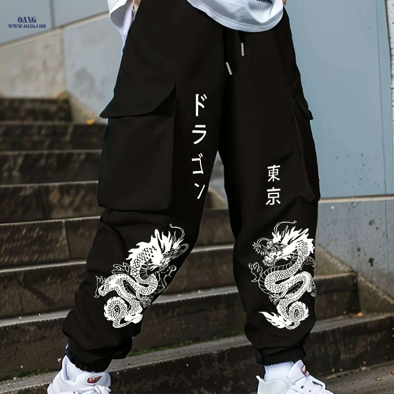 Men’s Green Cargo Pants - Durable Polyester with Dragon Print & Pockets   OAXG Khaki / S
