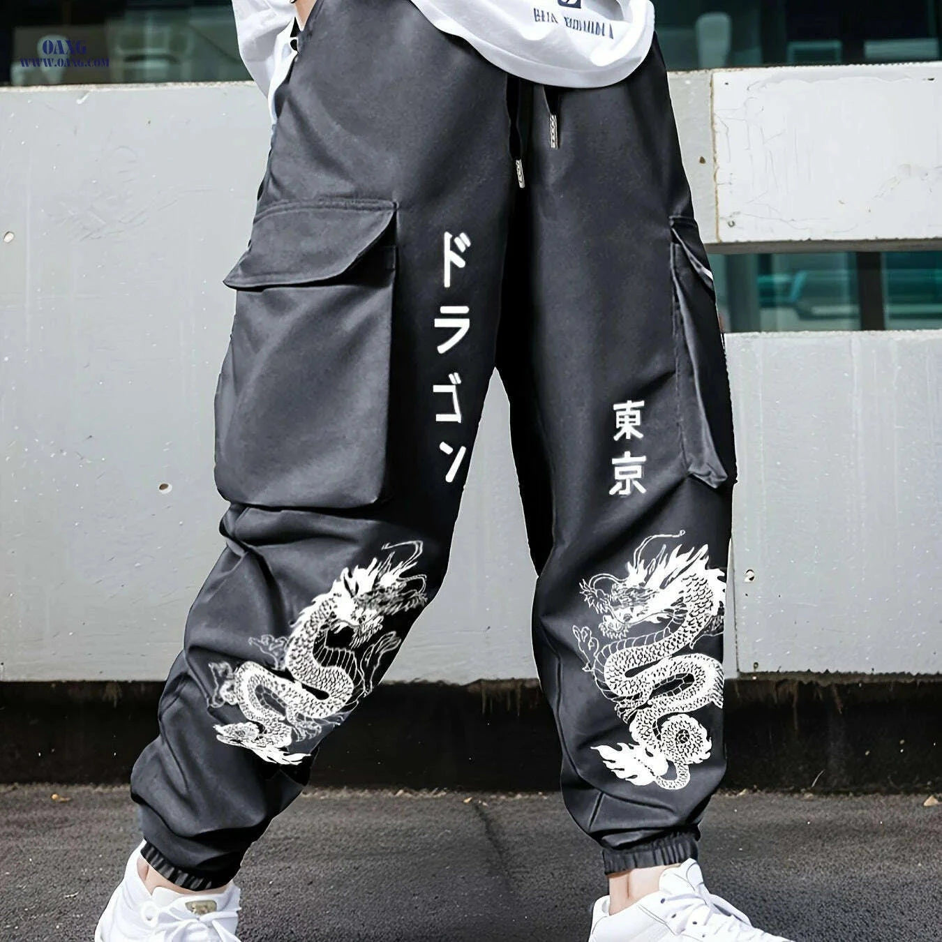 Men’s Green Cargo Pants - Durable Polyester with Dragon Print & Pockets   OAXG Khaki / S