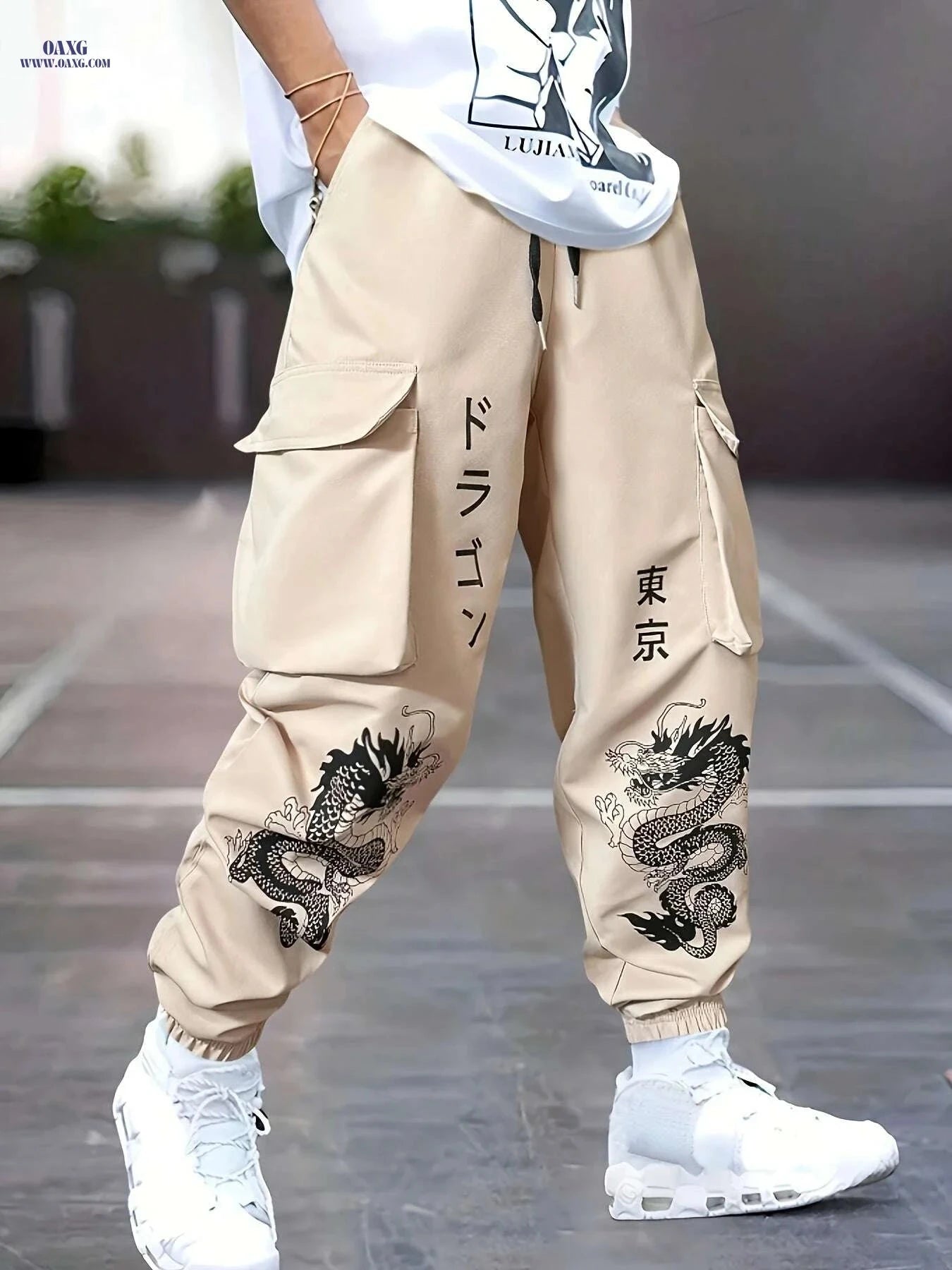 Men’s Green Cargo Pants - Durable Polyester with Dragon Print & Pockets   OAXG Khaki / S