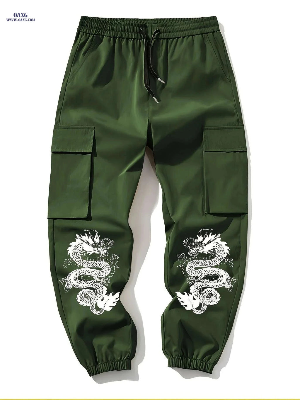 Men’s Green Cargo Pants - Durable Polyester with Dragon Print & Pockets   OAXG 