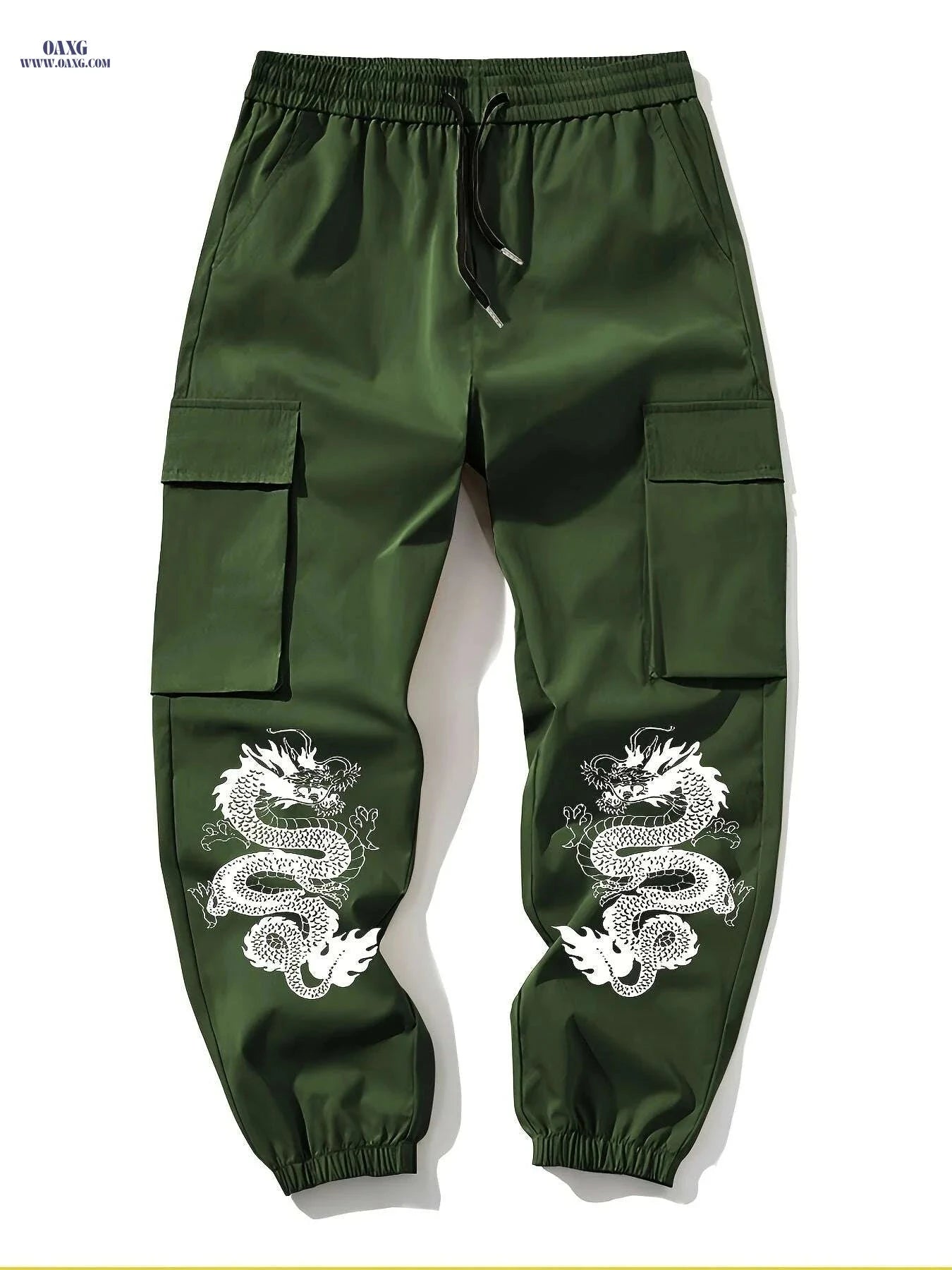 Men’s Green Cargo Pants - Durable Polyester with Dragon Print & Pockets   OAXG 