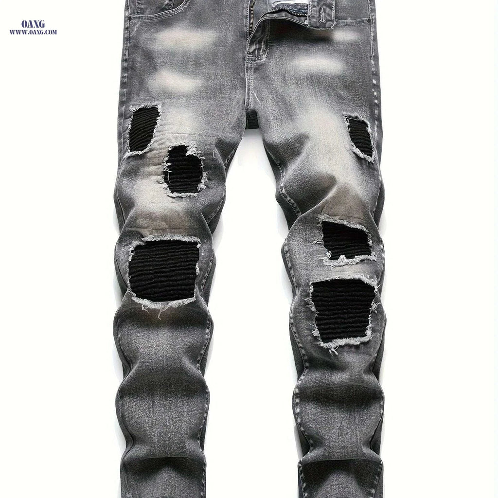 Men's Grey Tapered Leg Stretch Jeans - Casual Ripped Design   OAXG Gray-black / 28