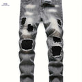 Men's Grey Tapered Leg Stretch Jeans - Casual Ripped Design   OAXG Gray-black / 28