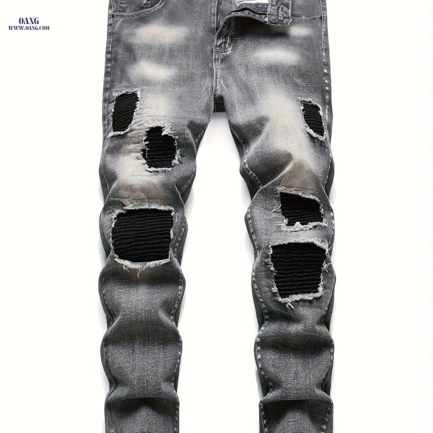Men's Grey Tapered Leg Stretch Jeans - Casual Ripped Design   OAXG Gray-black / 28