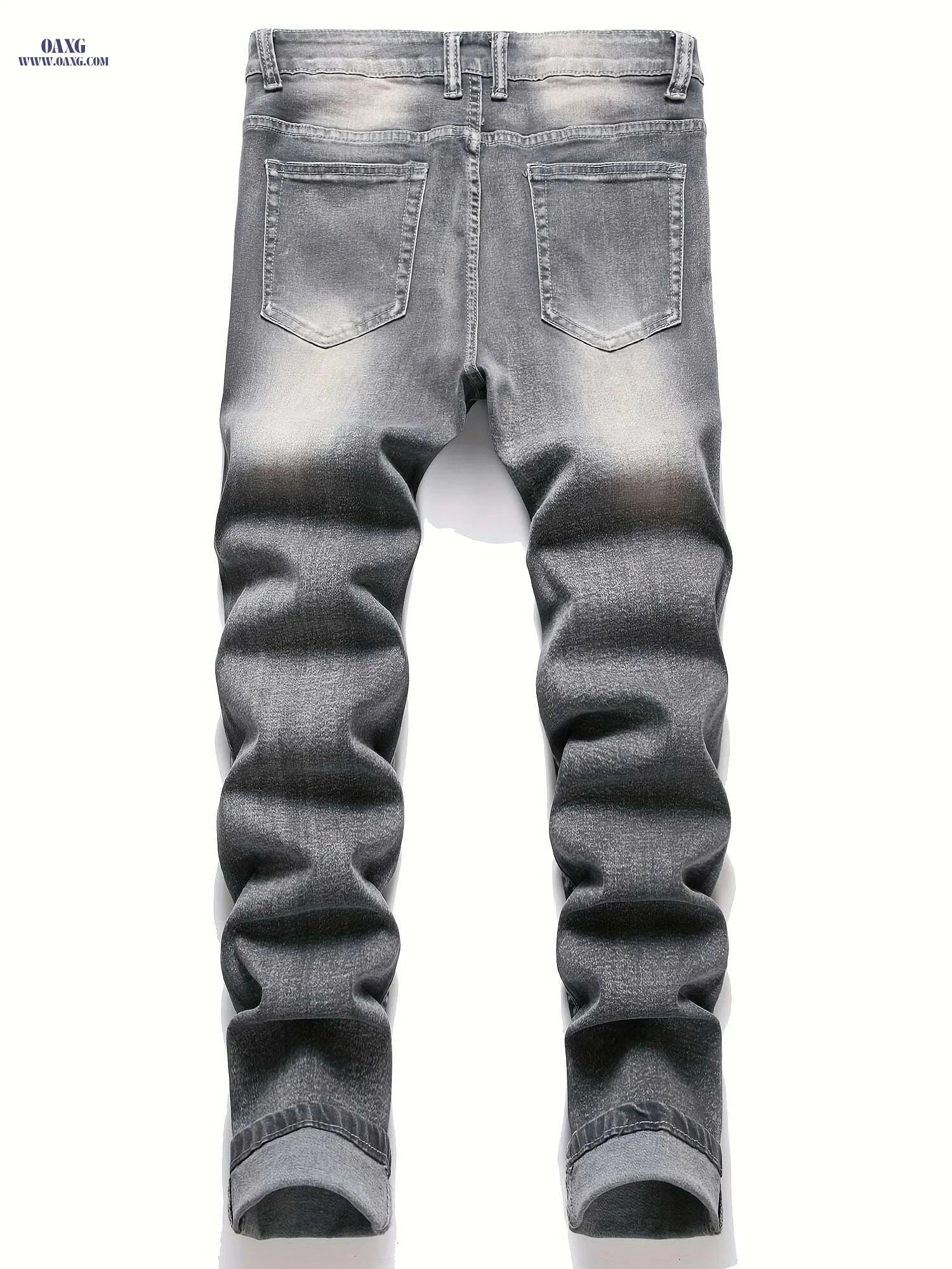 Men's Grey Tapered Leg Stretch Jeans - Casual Ripped Design   OAXG Gray-black / 28