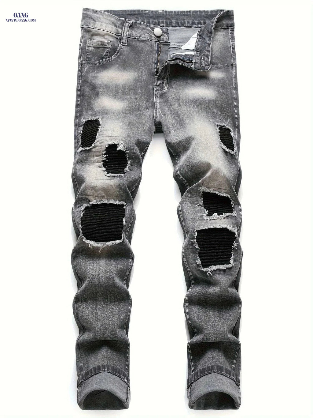 Men's Grey Tapered Leg Stretch Jeans - Casual Ripped Design   OAXG Gray-black / 28