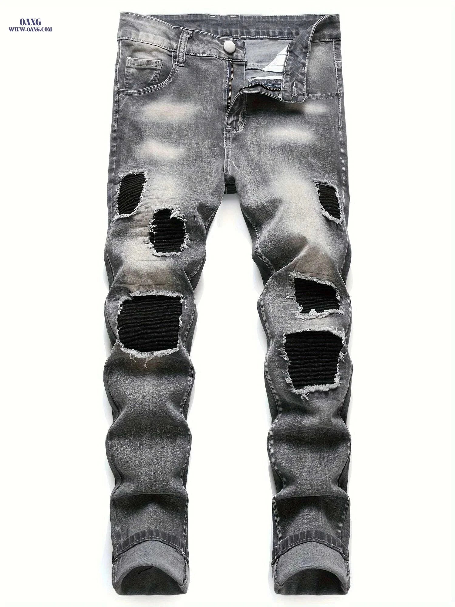 Men's Grey Tapered Leg Stretch Jeans - Casual Ripped Design   OAXG Gray-black / 28
