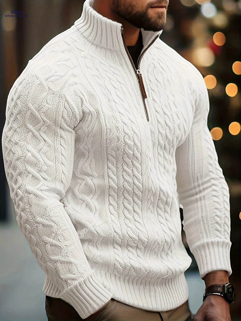 Men's Half-High Collar Cable Knit Sweater - Casual Fall Style   OAXG White / FR S