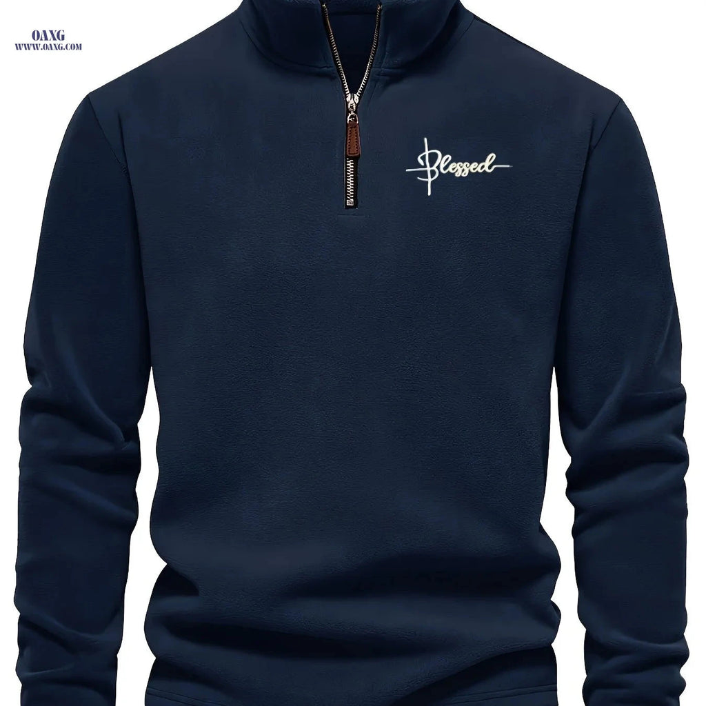 Men's Half-Zip Henley Shirt - Warm, Embroidered Stand Collar Top   OAXG Navy Color / FR M