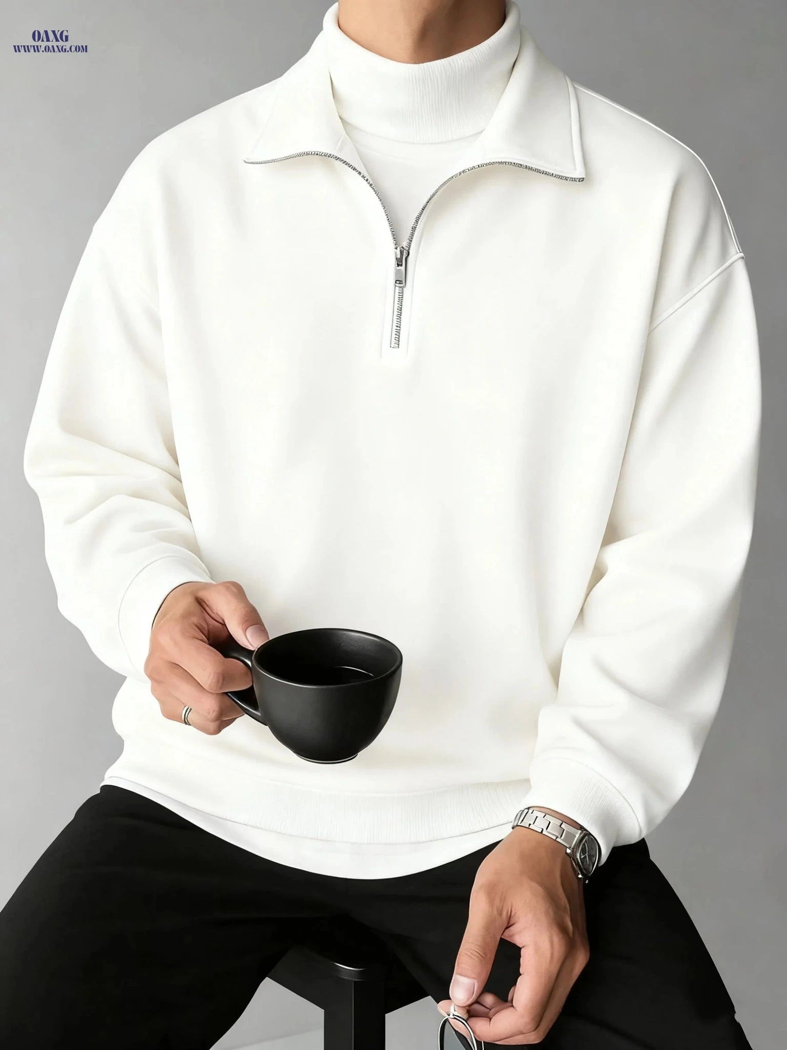 Men's Half-Zip Sweatshirt - Solid Color, Slight Stretch Knit Fabric   OAXG 