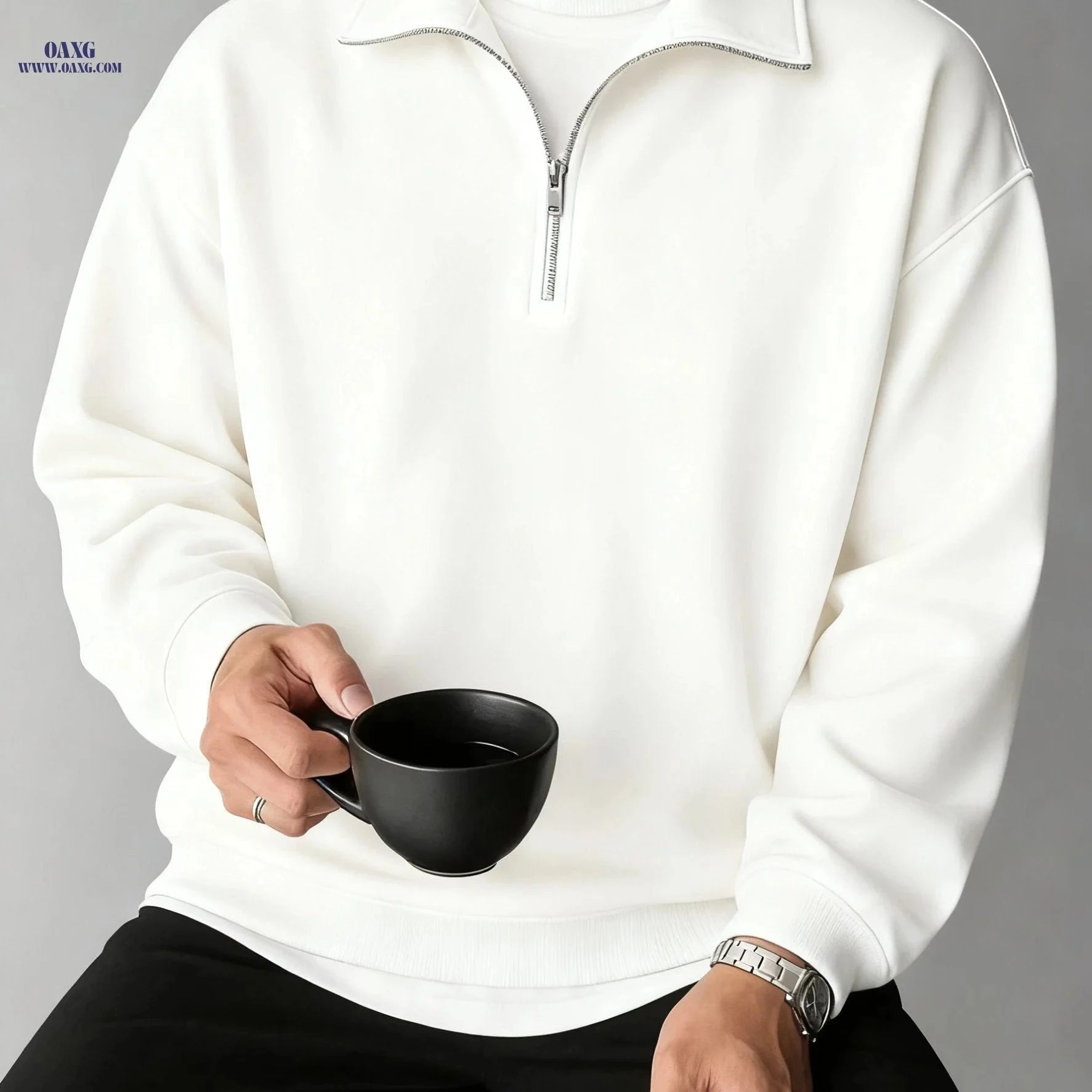 Men's Half-Zip Sweatshirt - Solid Color, Slight Stretch Knit Fabric   OAXG 