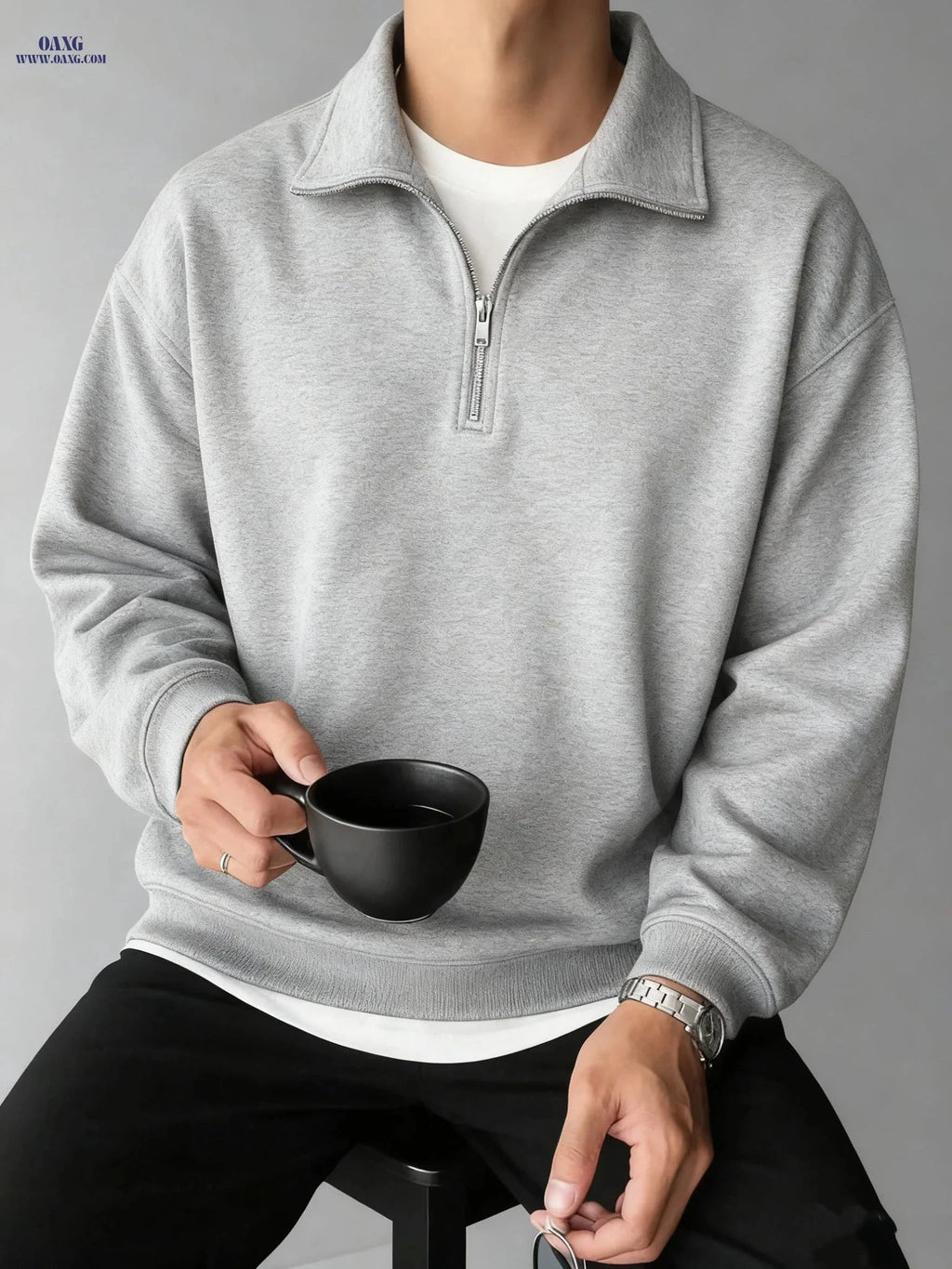 Men's Half-Zip Sweatshirt - Solid Color, Slight Stretch Knit Fabric   OAXG Space Black / FR S