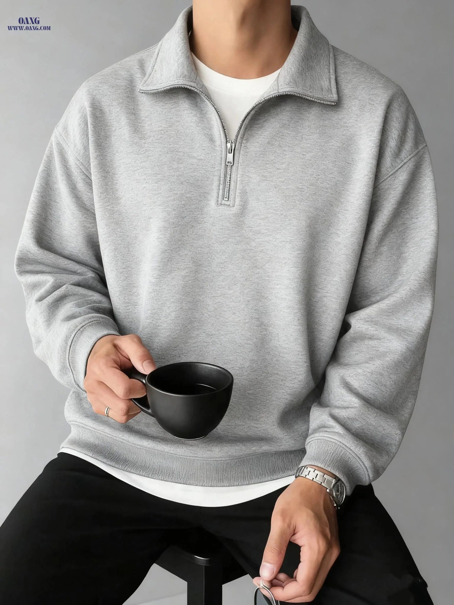 Men's Half-Zip Sweatshirt - Solid Color, Slight Stretch Knit Fabric   OAXG Space Black / FR S