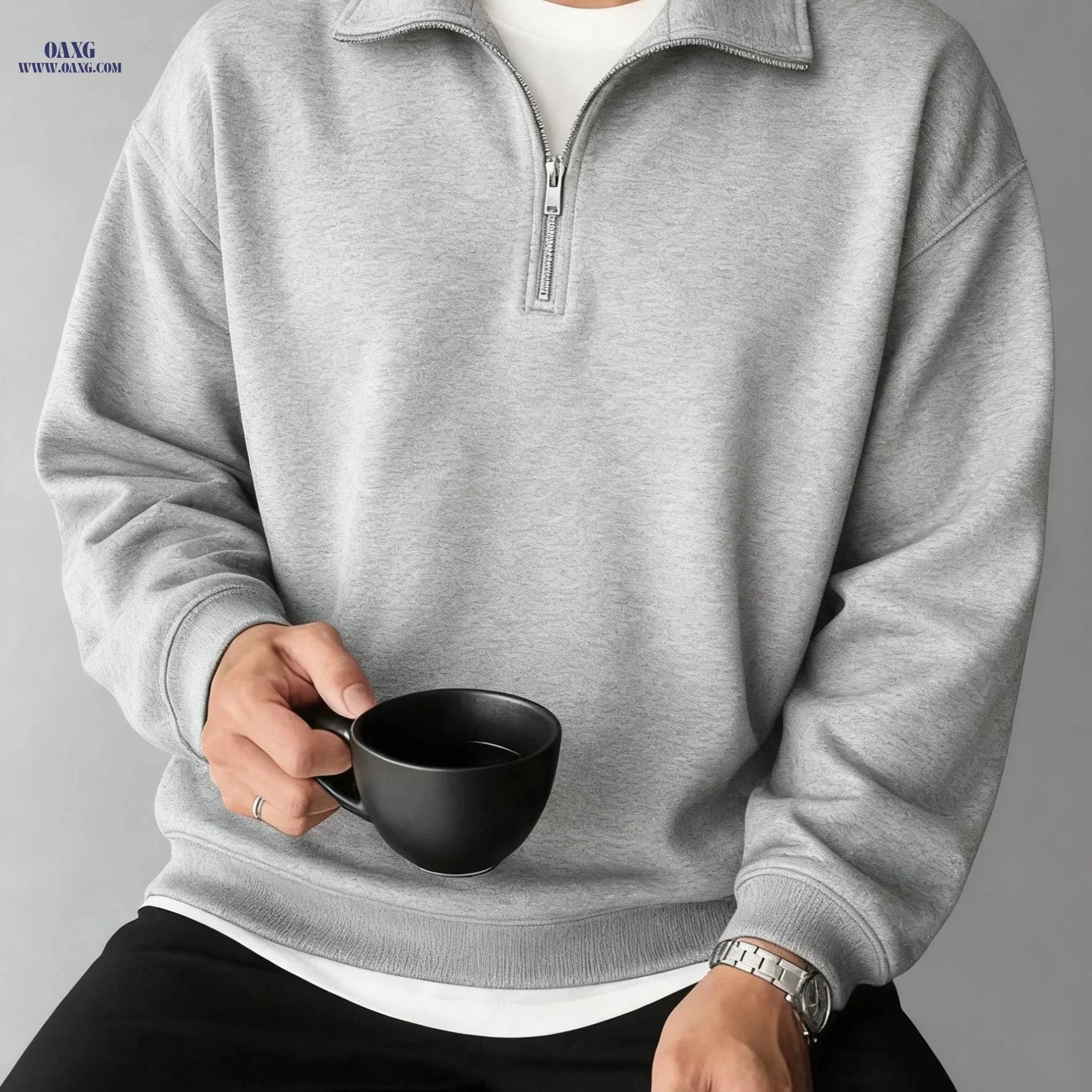 Men's Half-Zip Sweatshirt - Solid Color, Slight Stretch Knit Fabric   OAXG Space Black / FR S