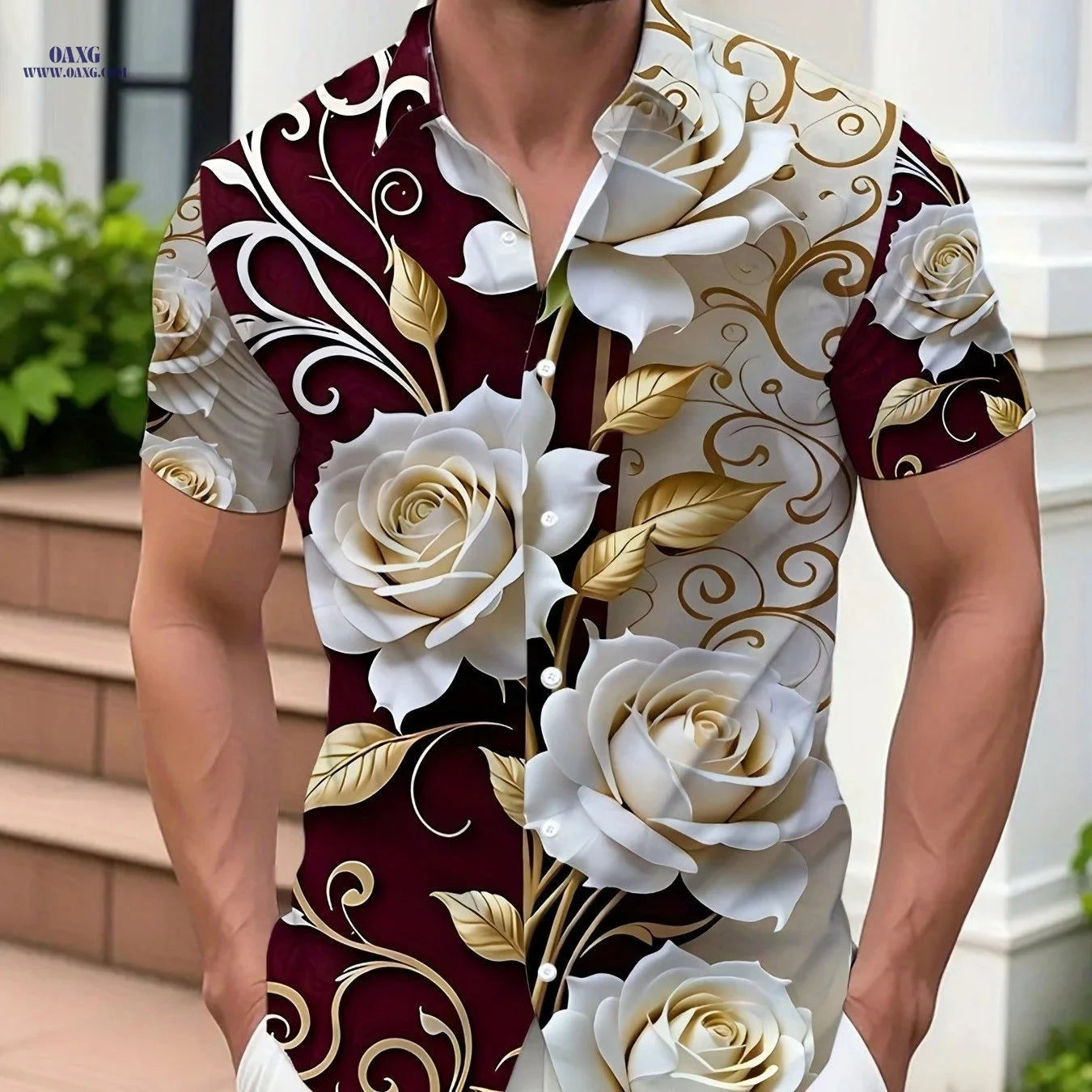 Men's Hawaiian 3D Floral Button-Up Shirt - Red & White Print   OAXG 