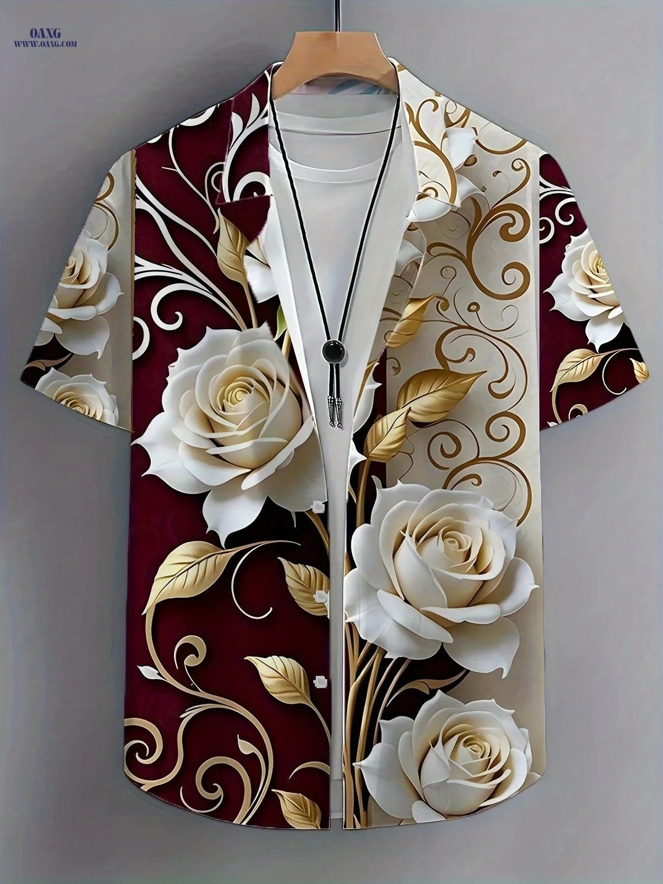 Men's Hawaiian 3D Floral Button-Up Shirt - Red & White Print   OAXG Multicolor / FR S