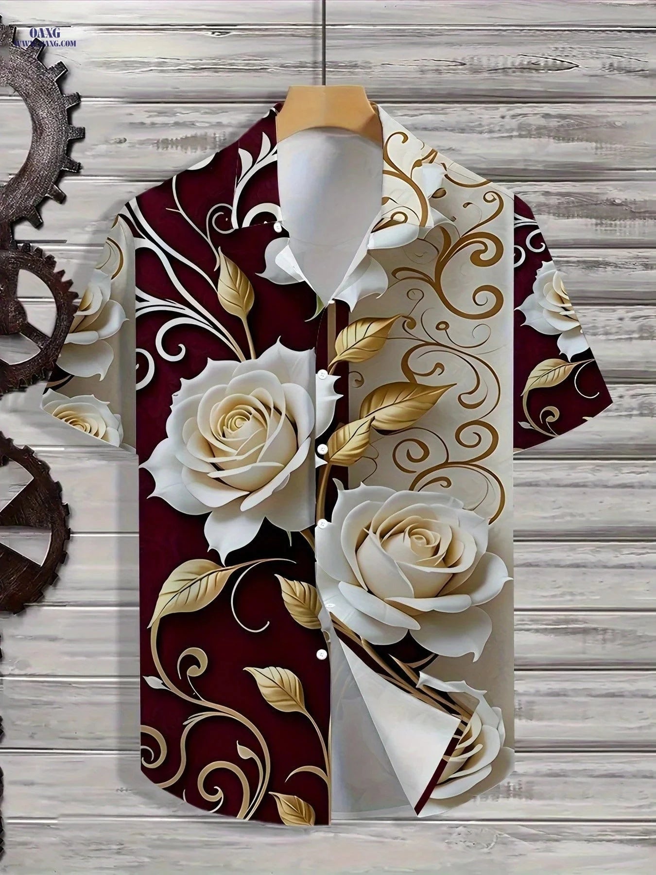 Men's Hawaiian 3D Floral Button-Up Shirt - Red & White Print   OAXG Multicolor / FR S