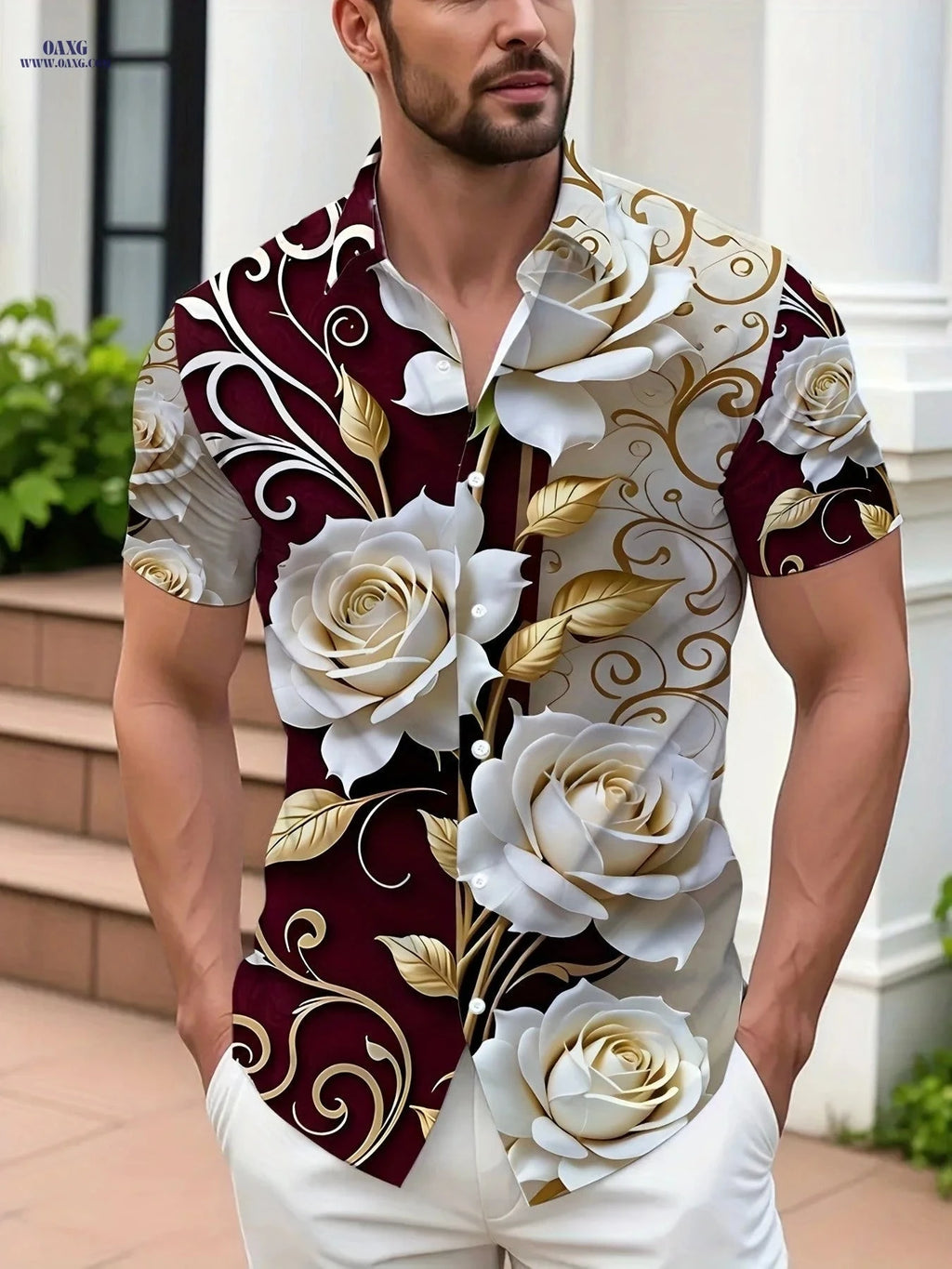 Men's Hawaiian 3D Floral Button-Up Shirt - Red & White Print   OAXG Multicolor / FR S