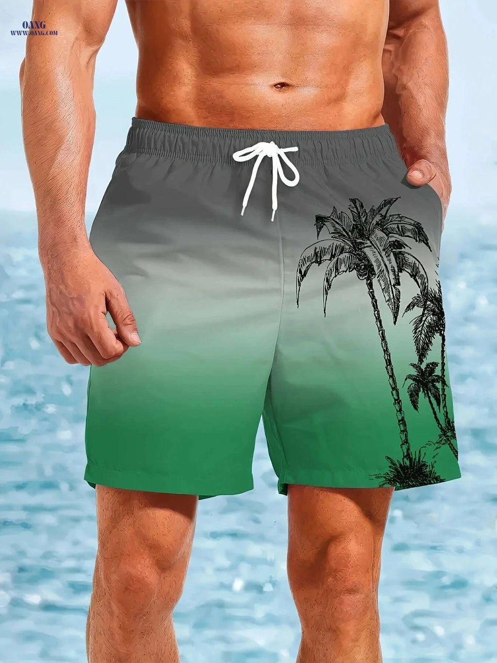 Men's Hawaiian Gradient Beach Shorts - Quick-Dry Ocean Print Trunks   OAXG 