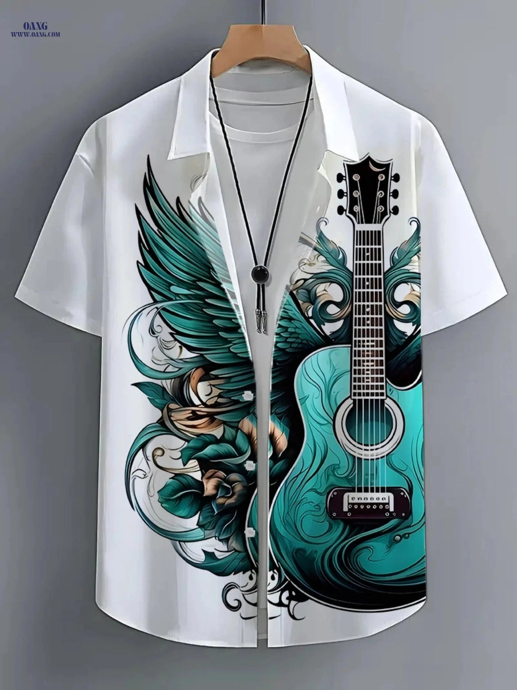Men's Hawaiian Guitar Print Shirt - Casual Short Sleeve Beach Wear   OAXG Multicolor / FR S