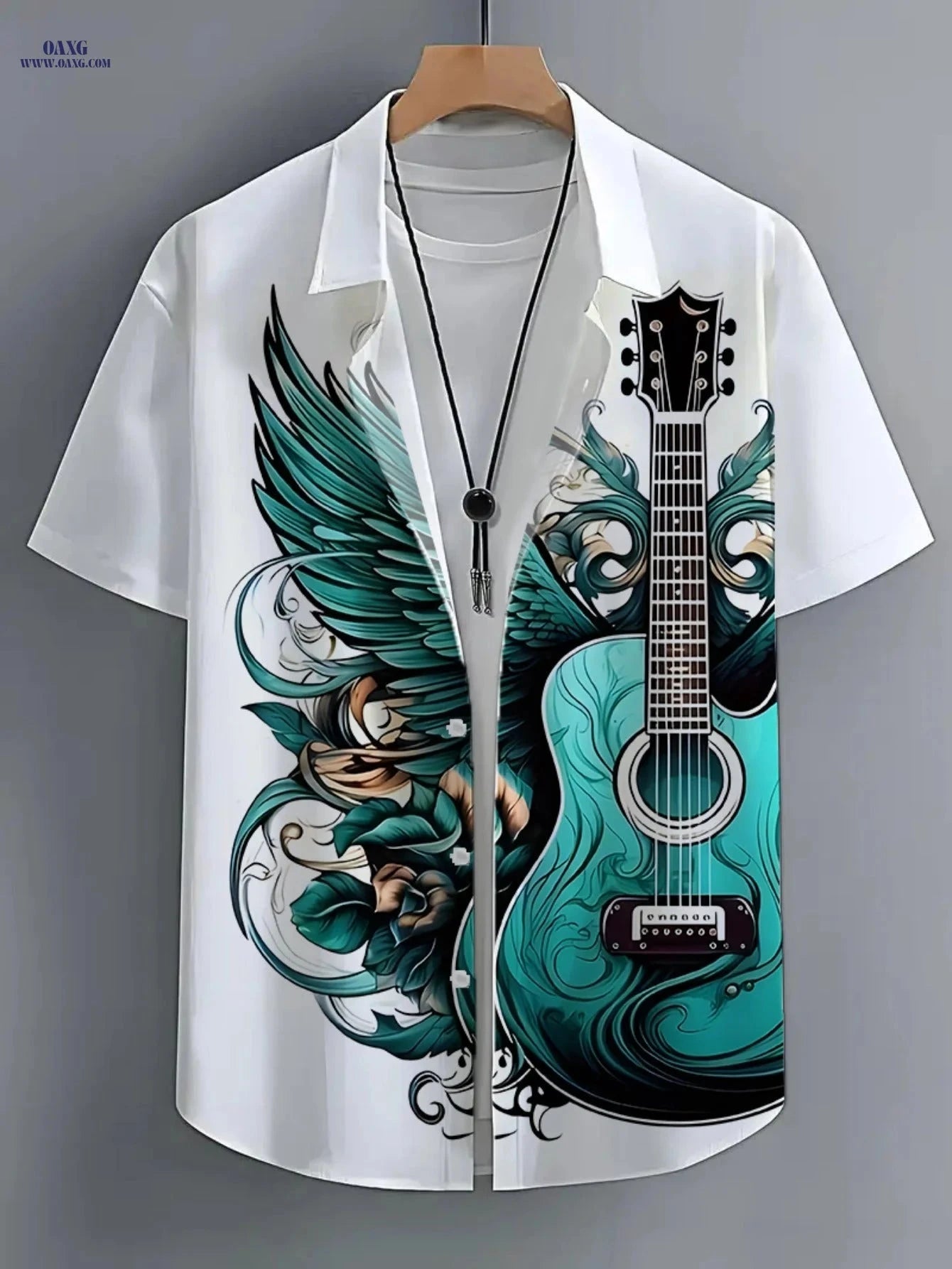Men's Hawaiian Guitar Print Shirt - Casual Short Sleeve Beach Wear   OAXG Multicolor / FR S