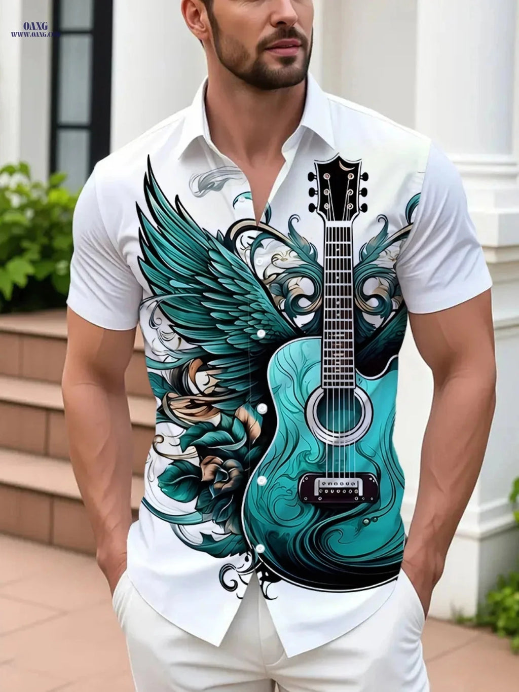 Men's Hawaiian Guitar Print Shirt - Casual Short Sleeve Beach Wear   OAXG Multicolor / FR S