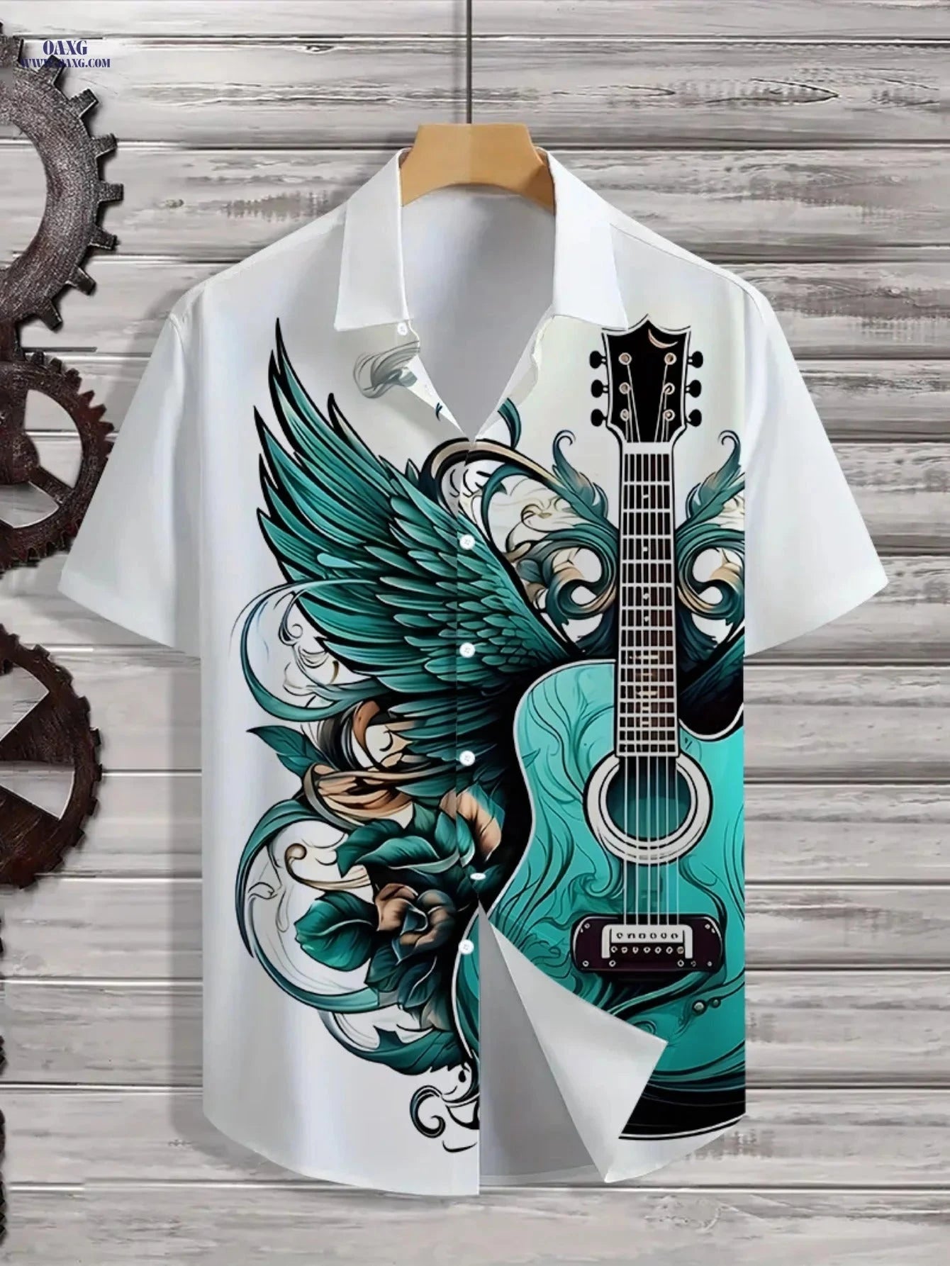 Men's Hawaiian Guitar Print Shirt - Casual Short Sleeve Beach Wear   OAXG Multicolor / FR S
