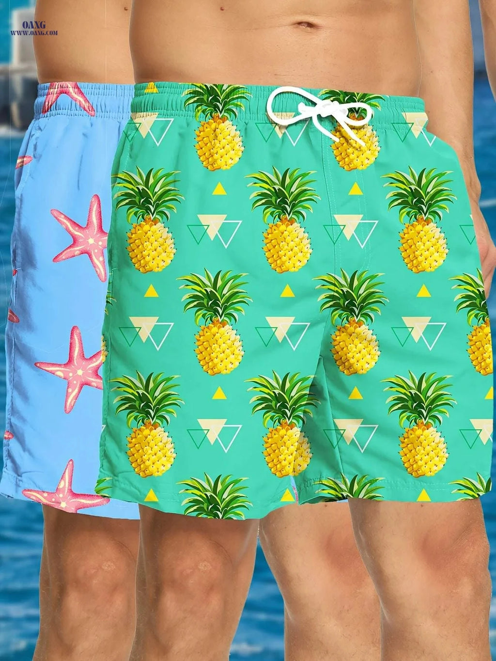 Men's Hawaiian Print Swim Trunks - Quick-Dry, Drawstring Waist Design   OAXG 