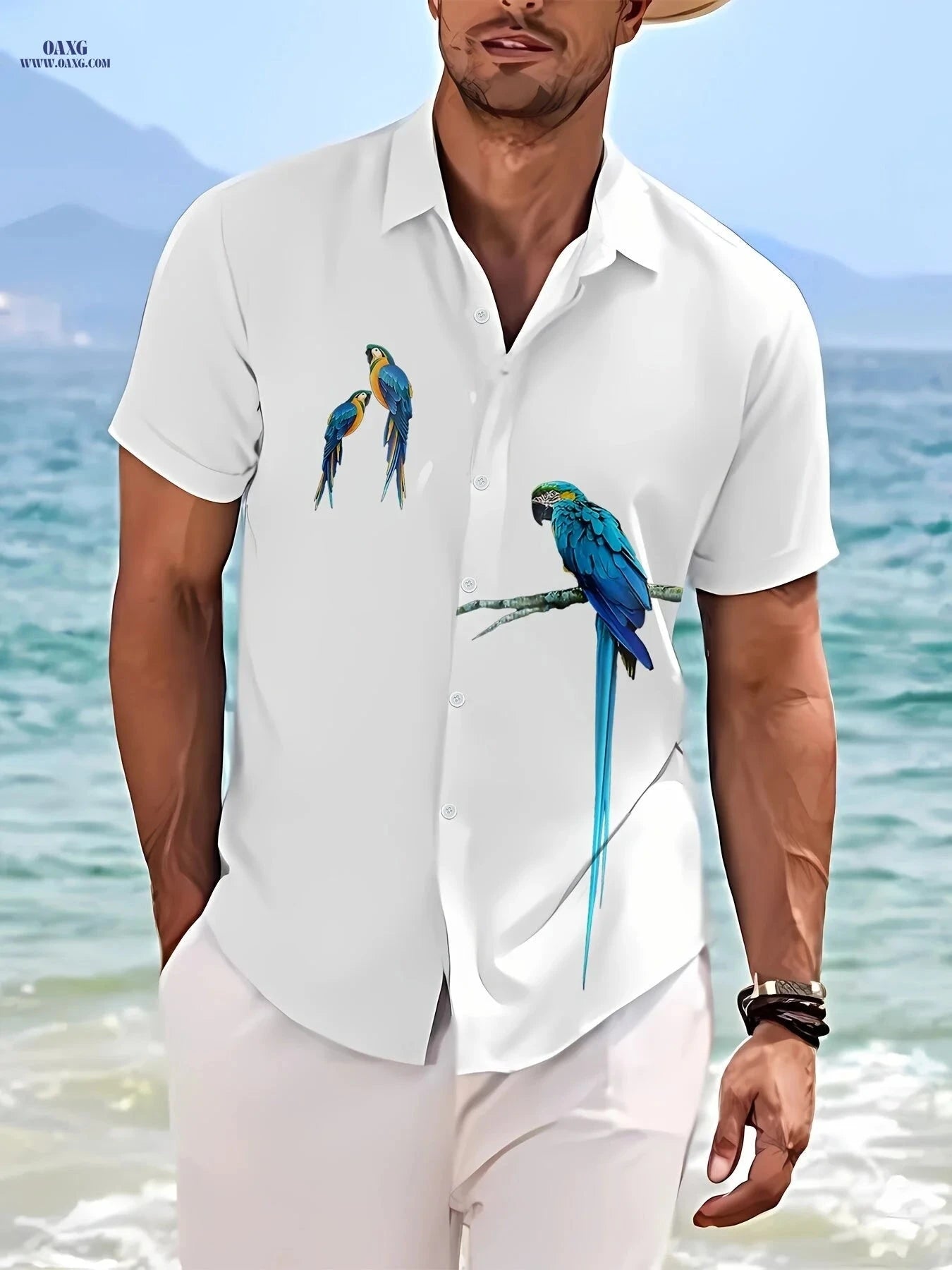 Men's Hawaiian Shirt - Summer Parrot Pattern, Short Sleeve Casual Style   OAXG 