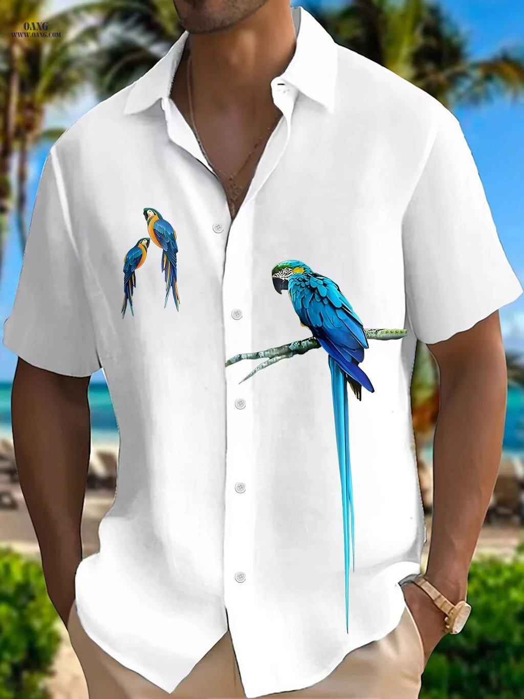 Men's Hawaiian Shirt - Summer Parrot Pattern, Short Sleeve Casual Style   OAXG 